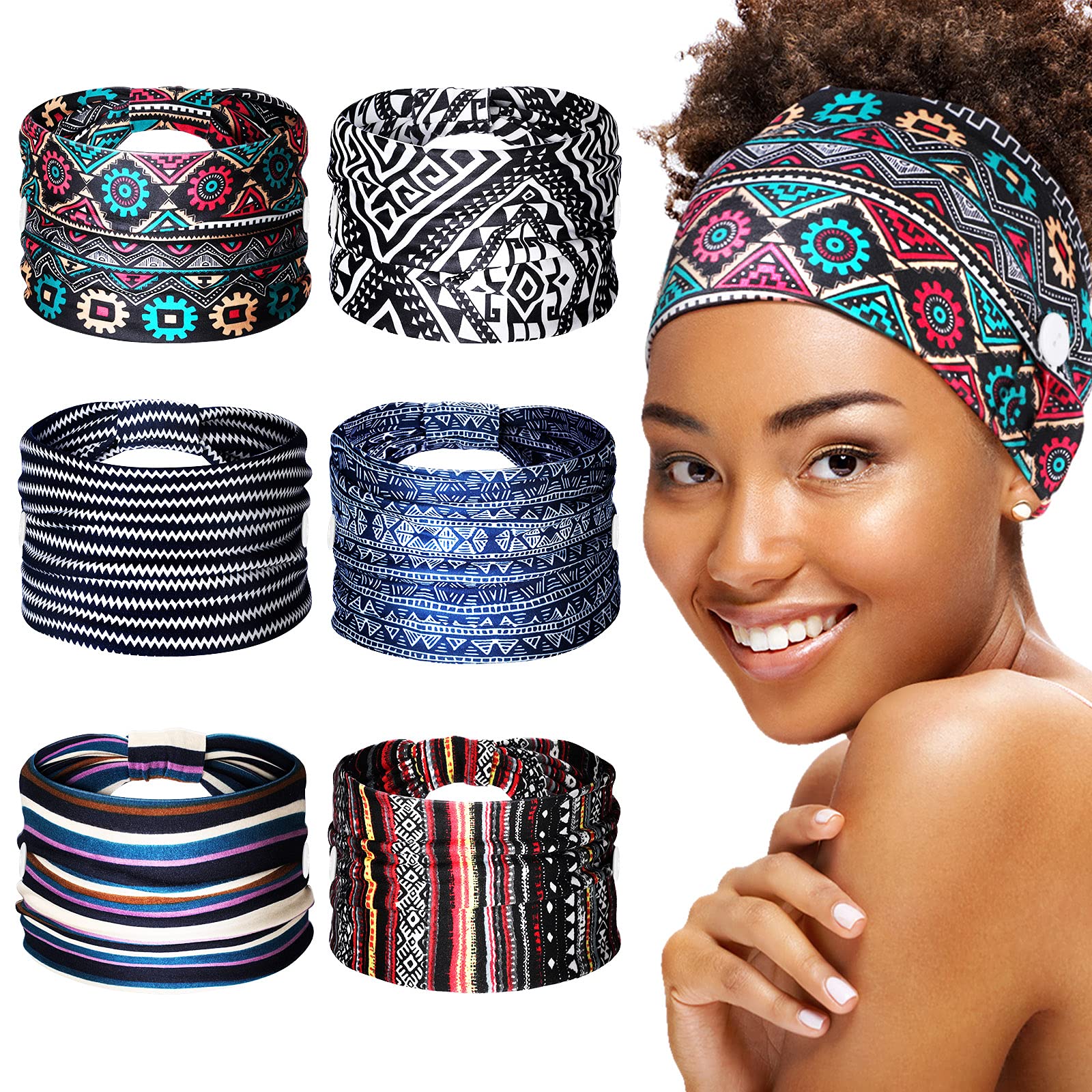 Chuangdi 6 Pieces Headband with Buttons African Headband Bobo Knot Turban  Wide Nurse Button Head Wraps Elastic Headbands Sport Beach Hair Accessories  for Women Girls (Bright Patterns) 