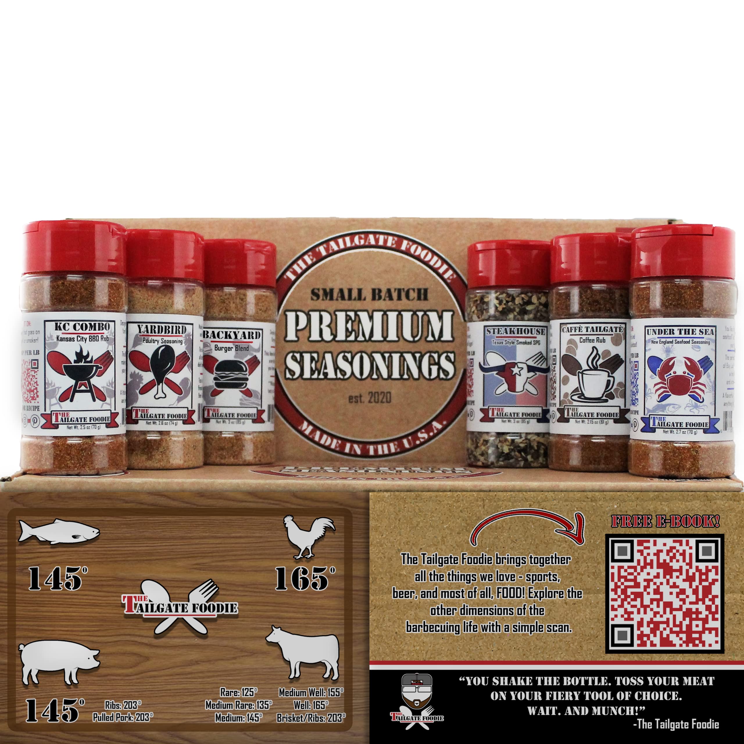 The Tailgate Foodie Rare Pitmaster Gourmet Seasonings | 8 PC Grill Essentials Gift Set | 6 Secret Competition BBQ Spice Blends & Recipes for Ribs, Po