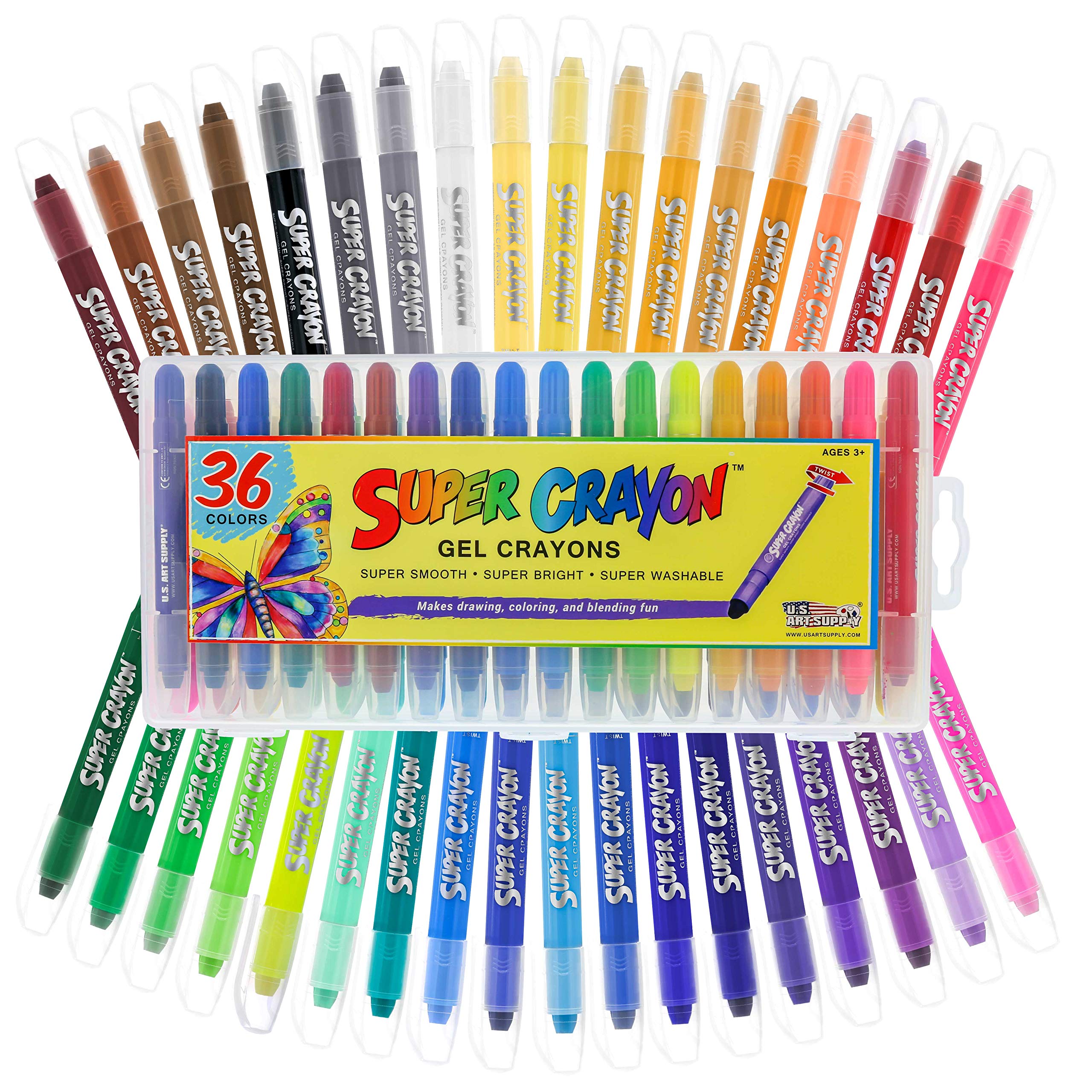 U.S. Art Supply Super Crayons Set of 36 Colors - Smooth Easy Glide Gel  Crayons - Bright Blendable and Washable