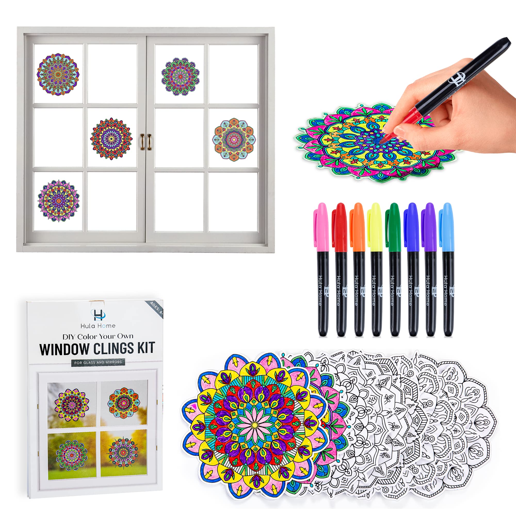 Color Your Own Stained Glass Mandala Window Clings and Markers, 10  Suncatchers for Windows, Arts and Crafts DIY Kit for Adults, Hobby, Gifts  for Beginners, Kids, Teens, Seniors, Women, Elderly Stained Glass