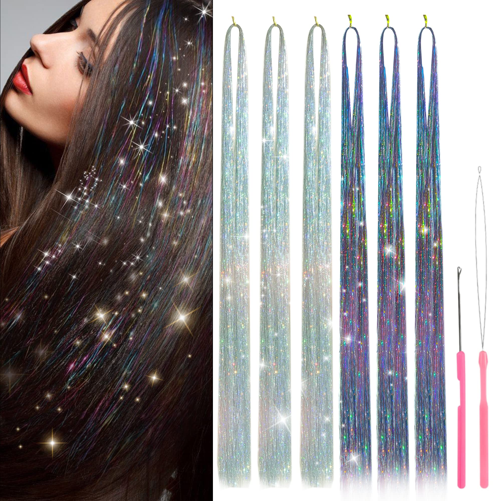 Hair Tinsel Kit with Tools Colorful Hair Tinsel Heat Resistant Tinsel Hair Extensions, Human Hair Extensions Sparkling Shiny Glitter Fairy Hair