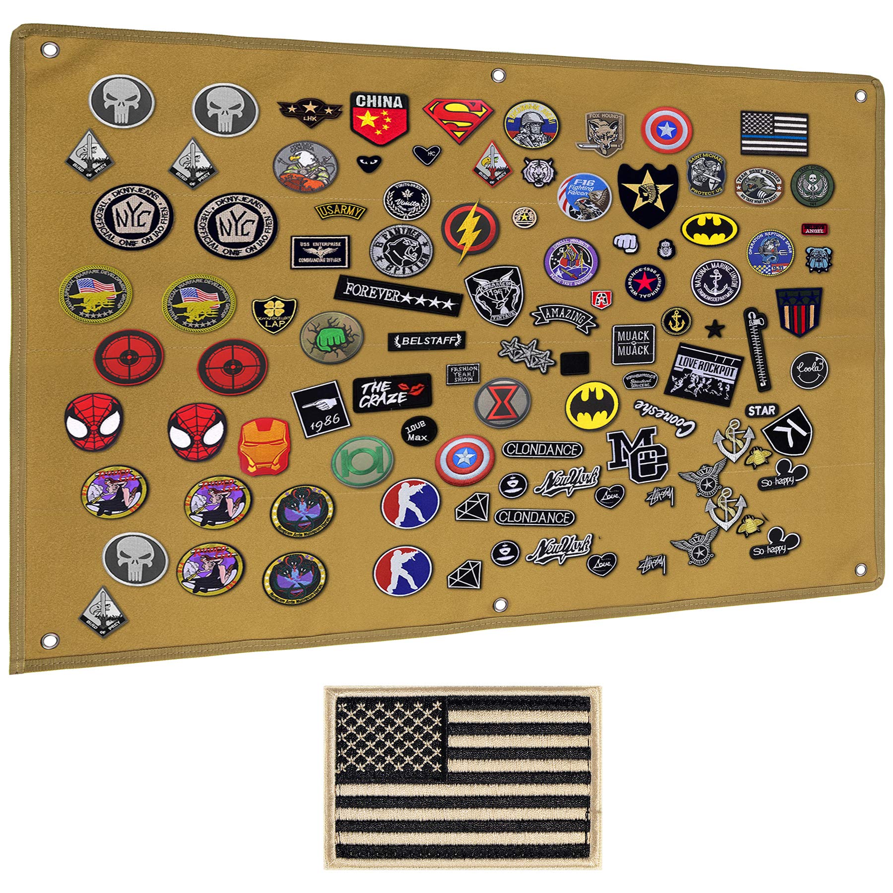 IronSeals Tactical Board Patch Organizer Holder Display with Loop Surface,  Steel Ring and Flag Patch (L: 110 x 70 CM/ 43 x 27.5, Coyote Brown + Flag  Patch) L: 110 x 70