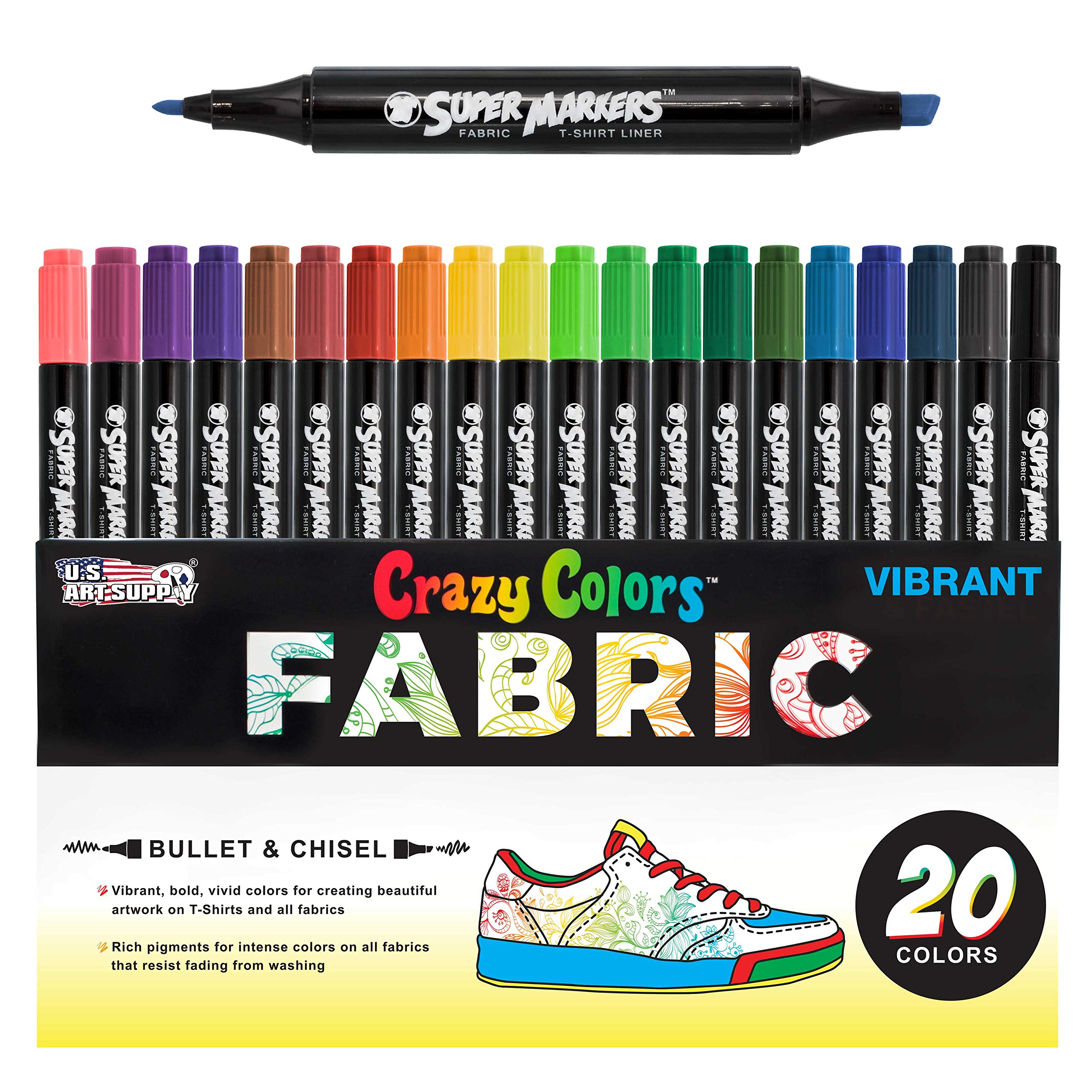 Super Markers 20 Unique Colors Dual Tip Fabric & T-Shirt Marker  Set-Double-Ended Fabric Markers with Chisel Point and Fine Point Tips - 20  Permanent Ink Vibrant and Bold Colors 20-Color Primary Set