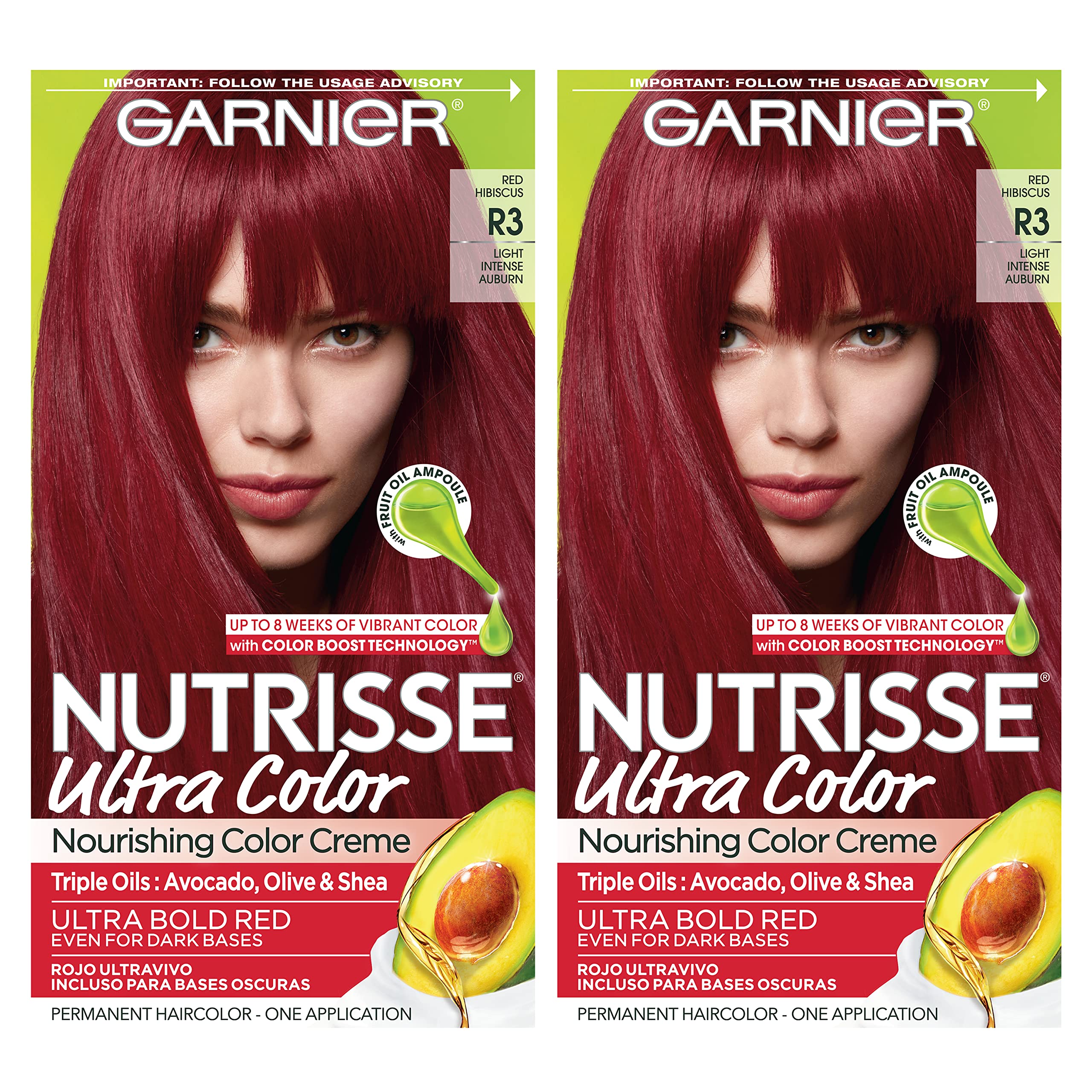 Garnier Hair Color Nutrisse Ultra Color Nourishing Creme, R3 Light Intense  Auburn (Red Hibiscus) Permanent Hair