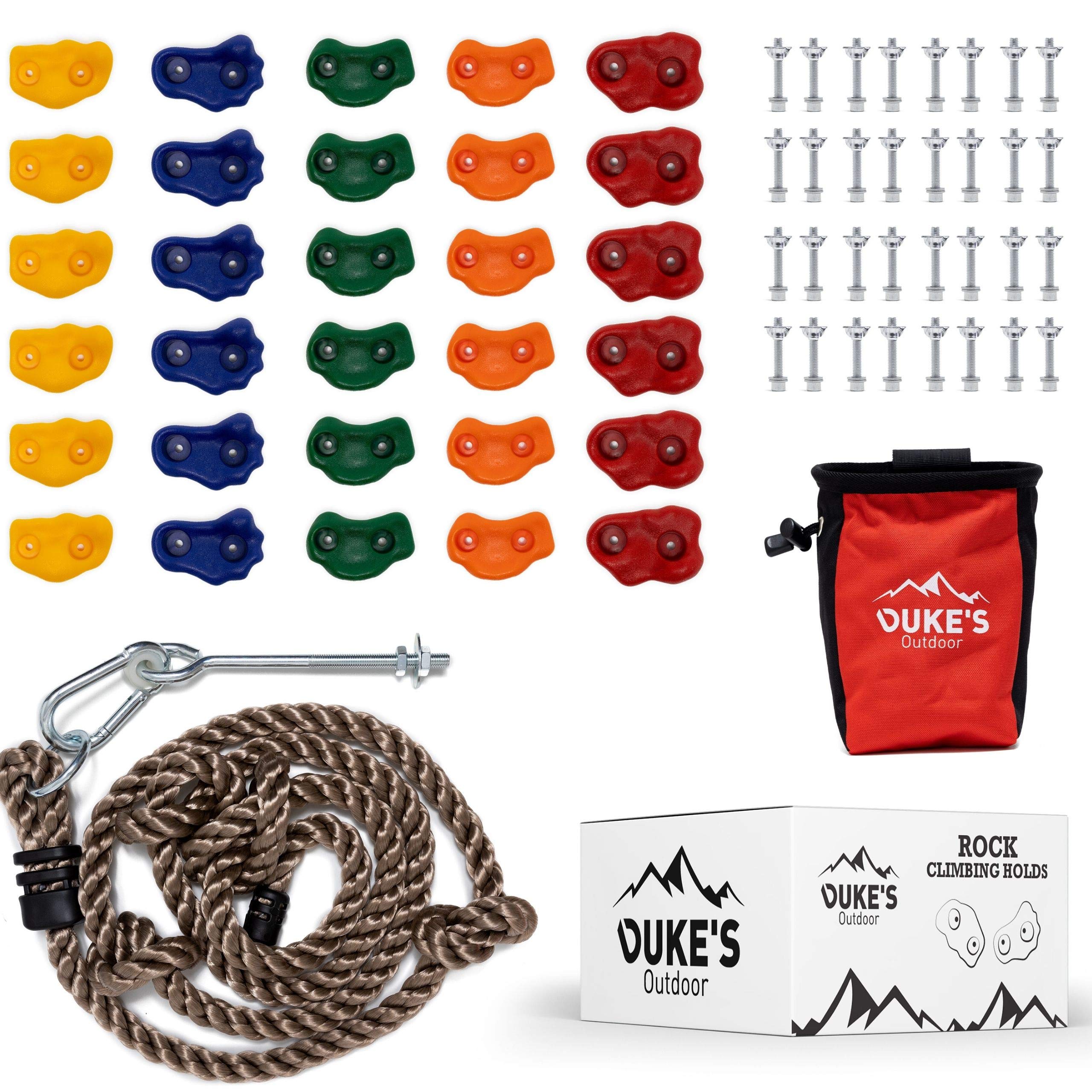 Duke's Outdoor Rock Climbing Holds Set for Kids - 30 Rock Climbing Wall  Grips for Indoor & Outdoor Play Set, 8 Foot Knotted Climbing Rope, Chalk Bag  & 3 DIY Videos