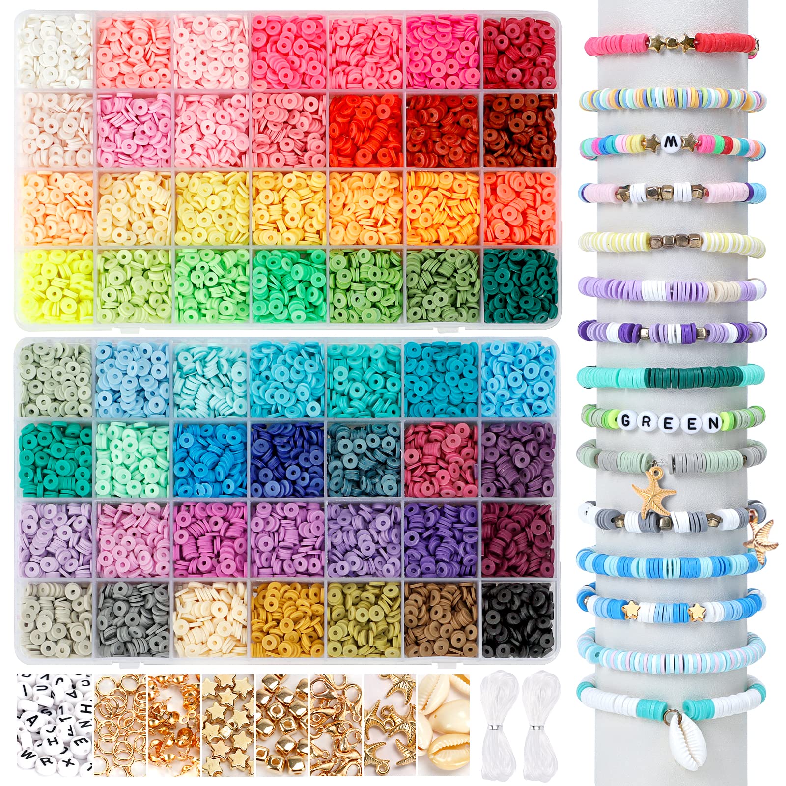 QUEFE 14420pcs Clay Beads for Bracelet Making Kit, 56 Colors Spacer Heishi  Beads Flat Round Polymer Clay Beads with Pendant Charms Kits and Elastic  Strings