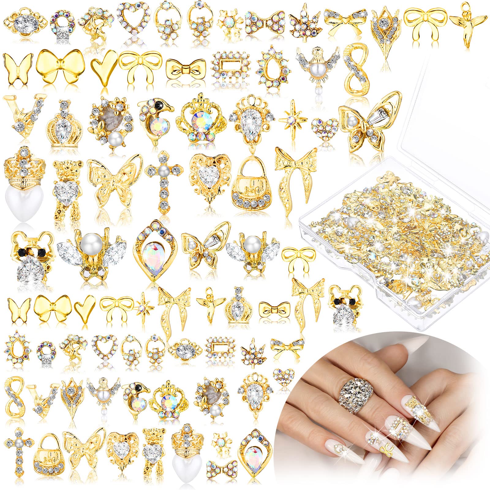 100 Pcs Gold Nail Charms for Acrylic Nails Gold Nail Rhinestones 3D Nail  Charms Heart Nail Gems Luxury Decor Diamonds for Nail Art Shiny Nail Stones  Beauty Nail Design Crystals for DIY