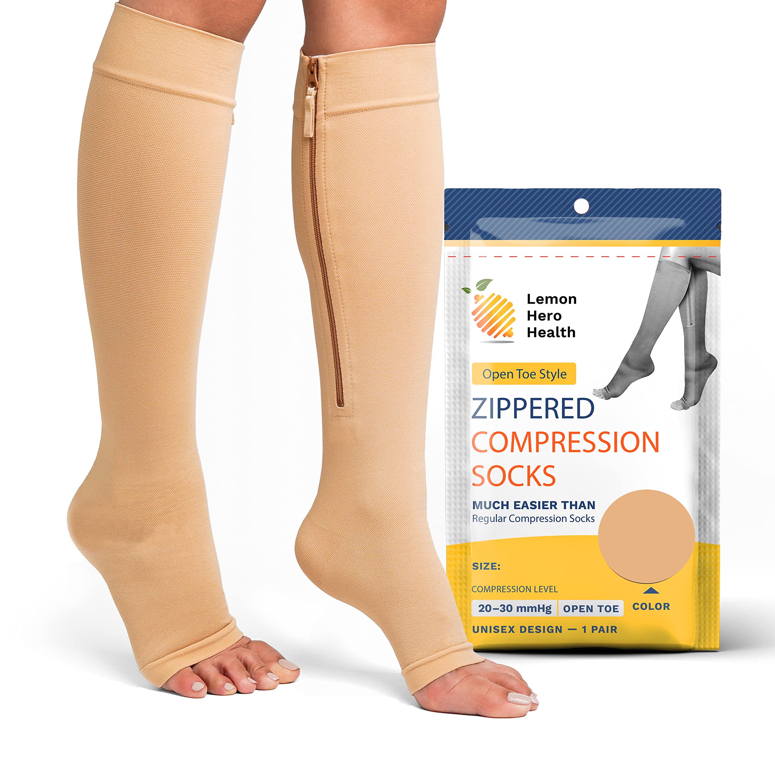 Zipper Compression Socks 20-30mmHg Open Toe with Zip Guard Skin Protection  - Medical Zippered Compression Socks for Men & Women - 2XL, Beige XX-Large  Beige