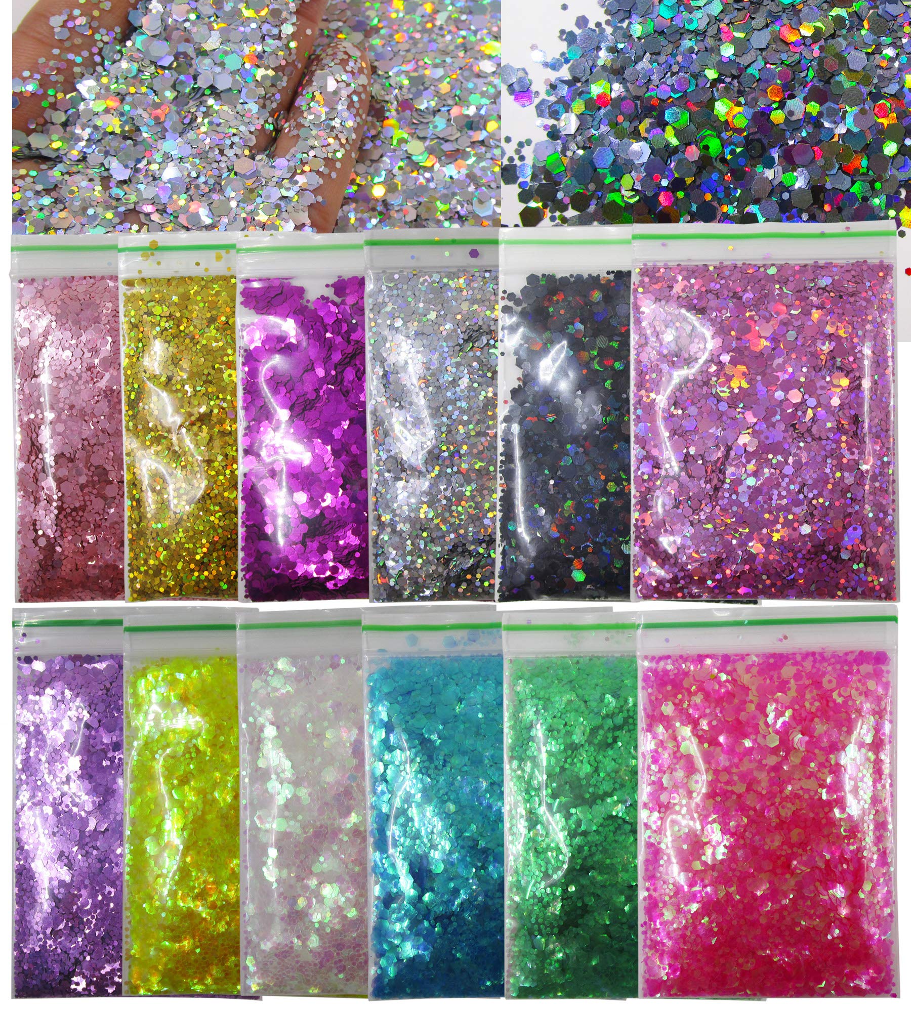 Silver and Gold Chunky Glitter for Nails, 4Bottles 4Colors Chunky Face  Glitter Holographic Hair Resin Craft Glitter 10g jar Cosmetic Glitter