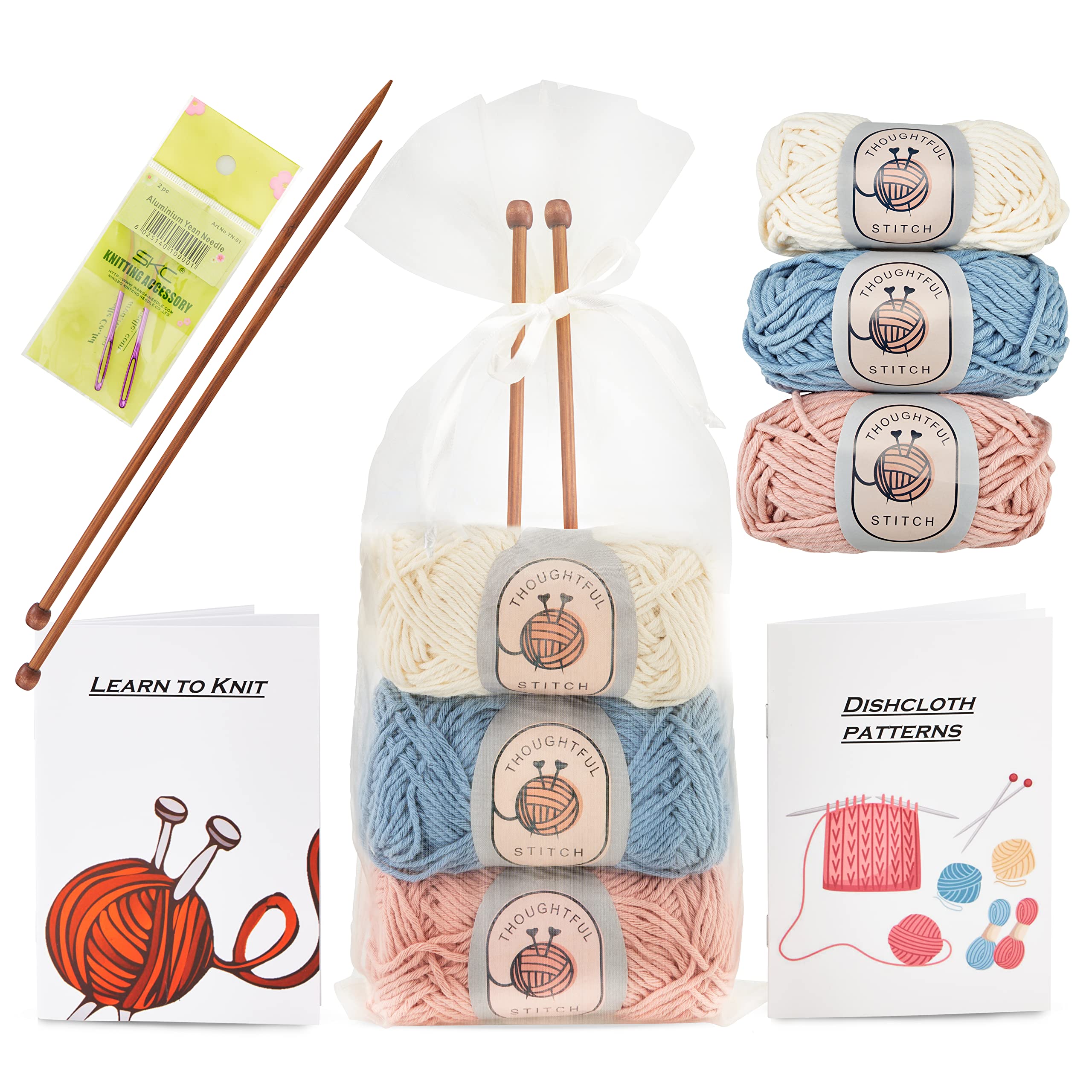 Knitting Kits for Beginners Adults – 6 Pcs Knitting Needle Set with 100%  Cotton Yarn – Make Your Own Dishcloth Craft Kits for Adults – Includes  Bamboo
