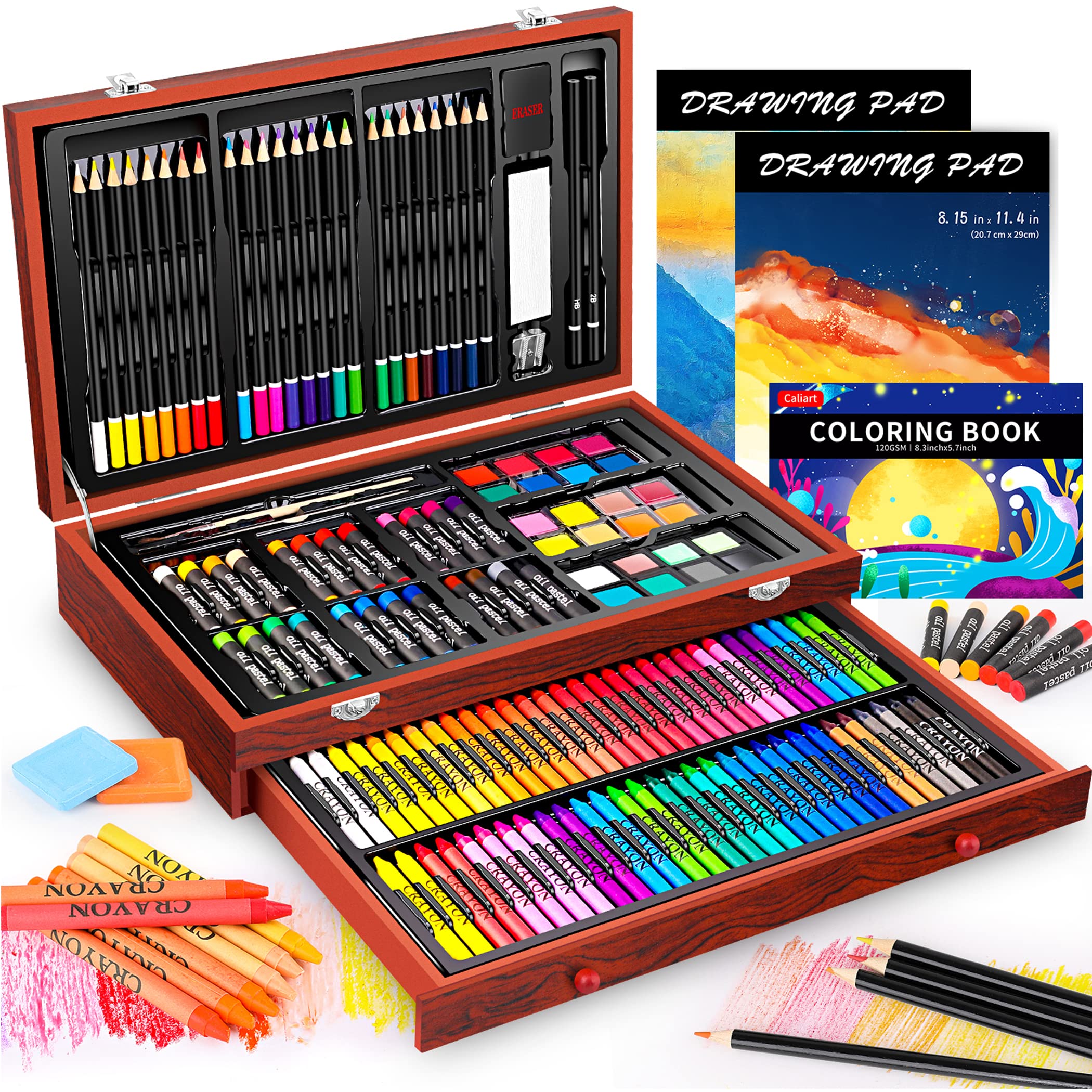 Art Supplies Caliart 153-Pack Deluxe Wooden Art Set Crafts Drawing Painting  Coloring Supplies Kit with 2 A4 Sketch Pads 1 Coloring Book Creative Gift  Box for Adults Artist Beginners Kids Girls Boys