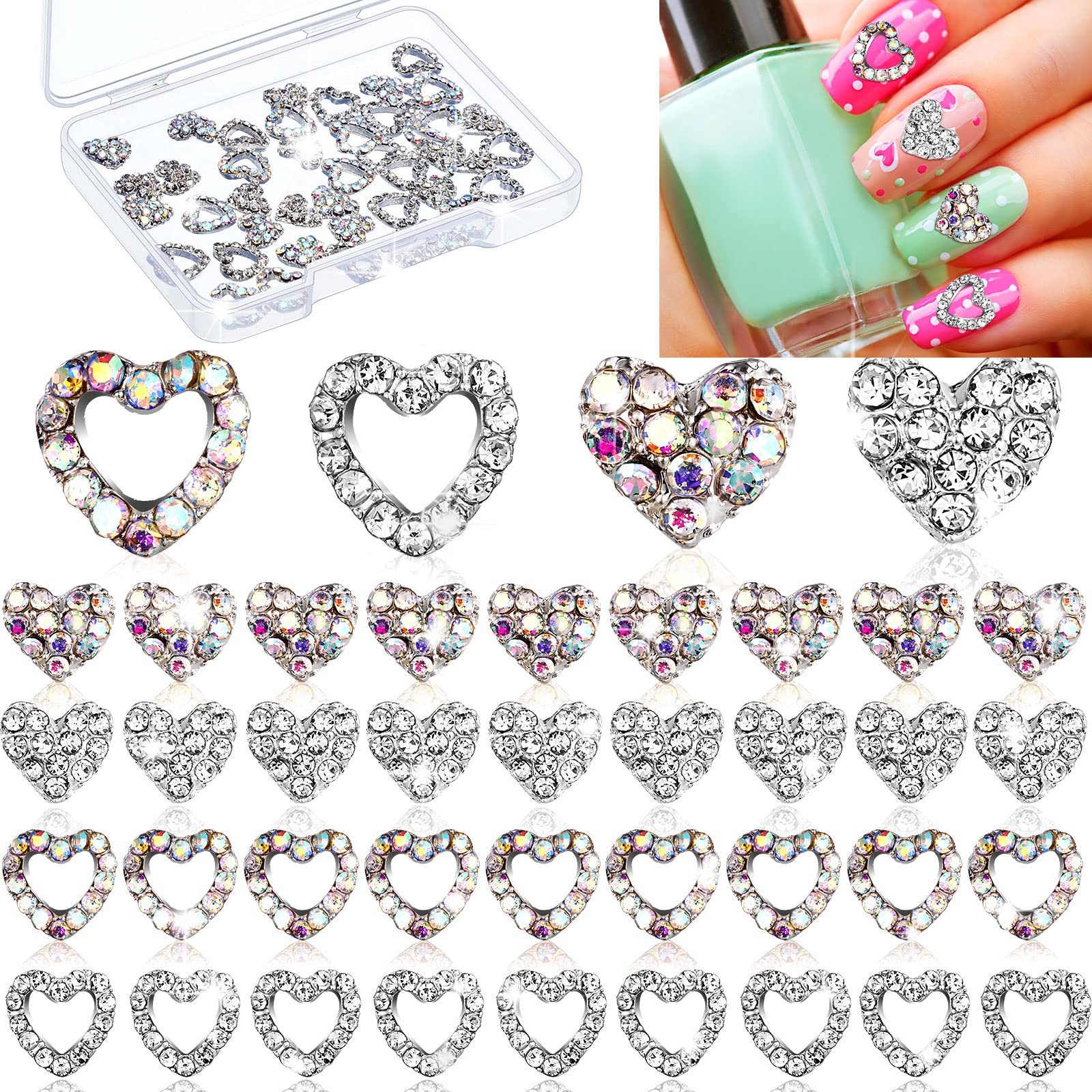 2 Pcs Heart Nail Art Rhinestone 3D Heart Nail Charm Luxury Heart, Cross and  Bowknot Dangle Charm 