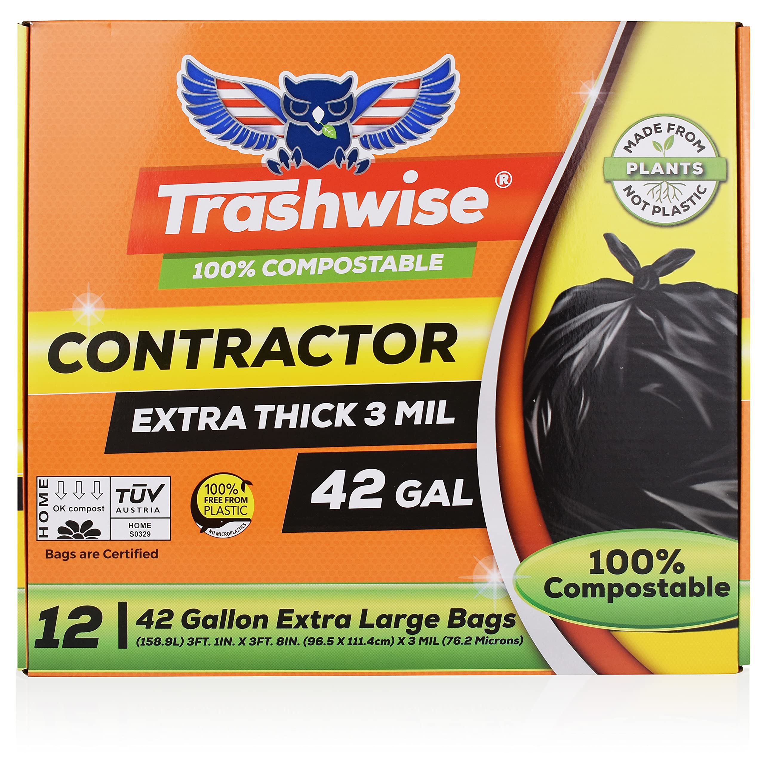 TRASHWISE 42 Gallon 100% Compostable Trash Bags Heavy Duty 3mils