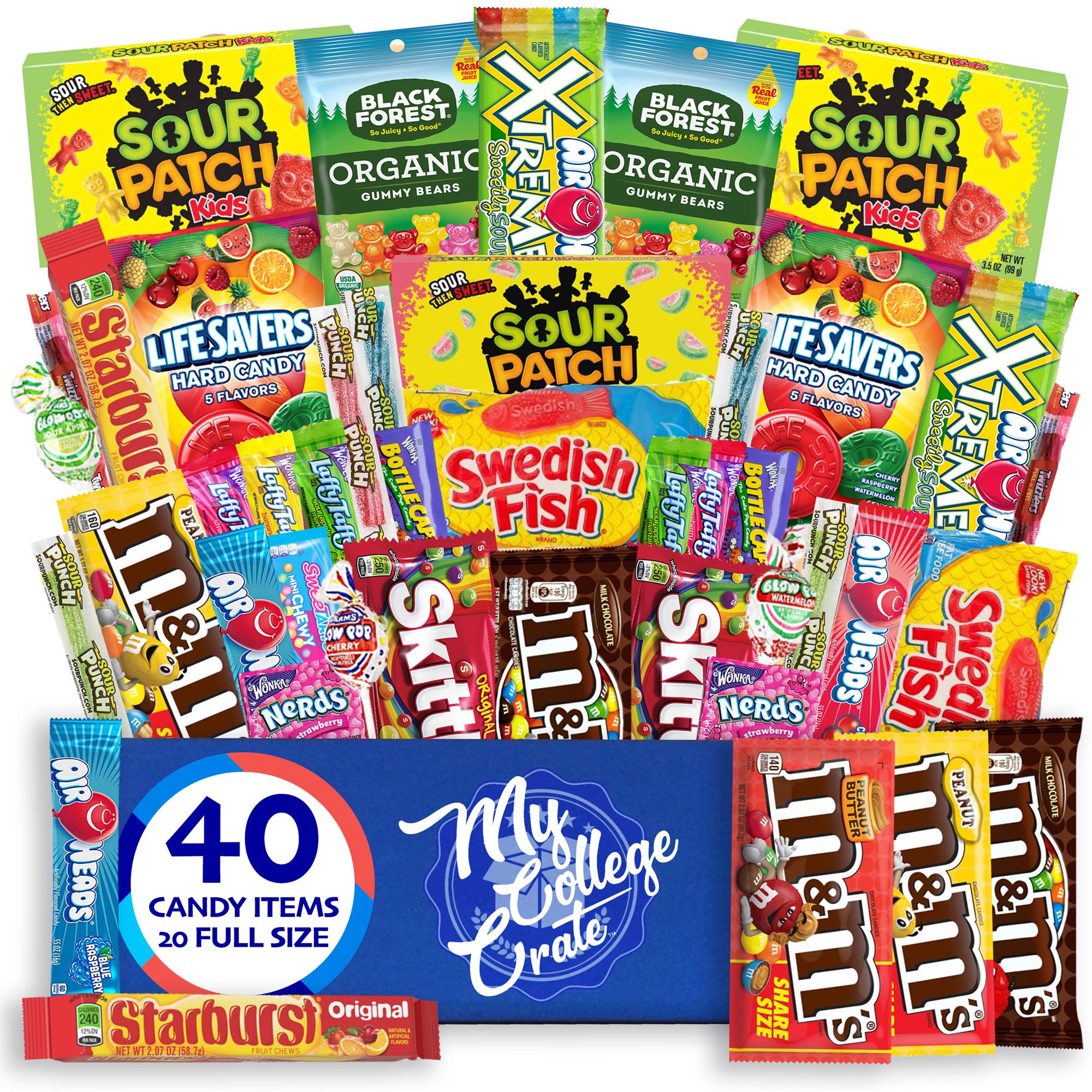 My College Crate Candy & Snack Box Ultimate Snack Care Package for College  Students - 40 piece Includes 20 Full Size Candies, Candy Variety Pack,  Starburst, Skittles, Sour Patch & More