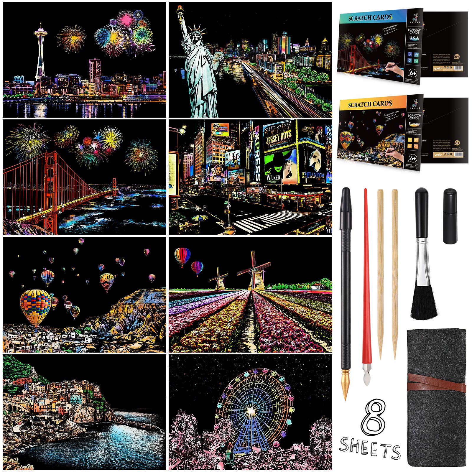 BOTEEN Scratch Art Painting Rainbow Paper,City Night View Scratchboard for Adults and Kids,Scratch&Sketch Art Drawing Paper Creative DIY Gifts&am