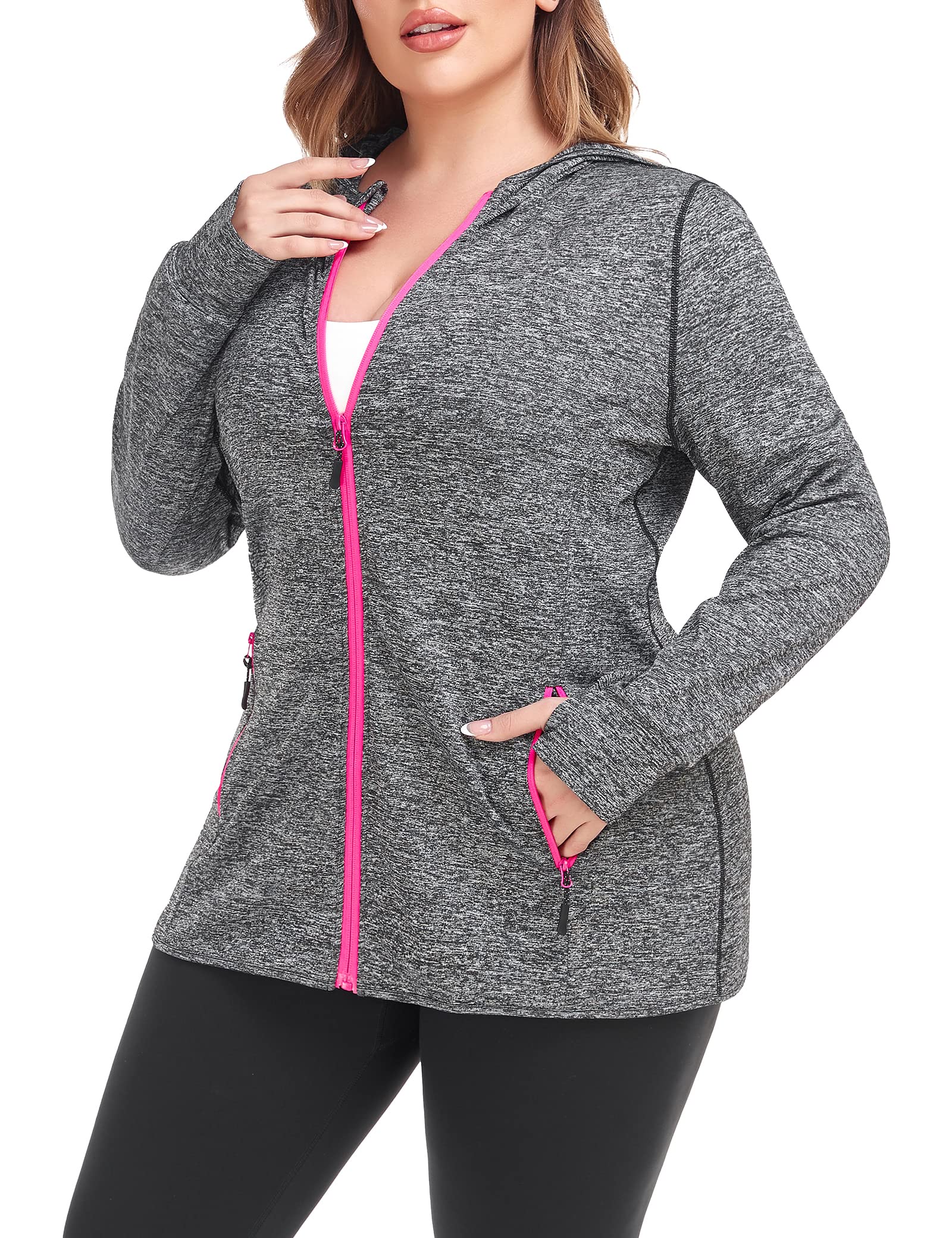 COOTRY Womens Plus Size Workout Jackets Full Zip Up Lightweight Athletic  Running Hoodies with Thumb Holes A-thumb Holes Gray 2X
