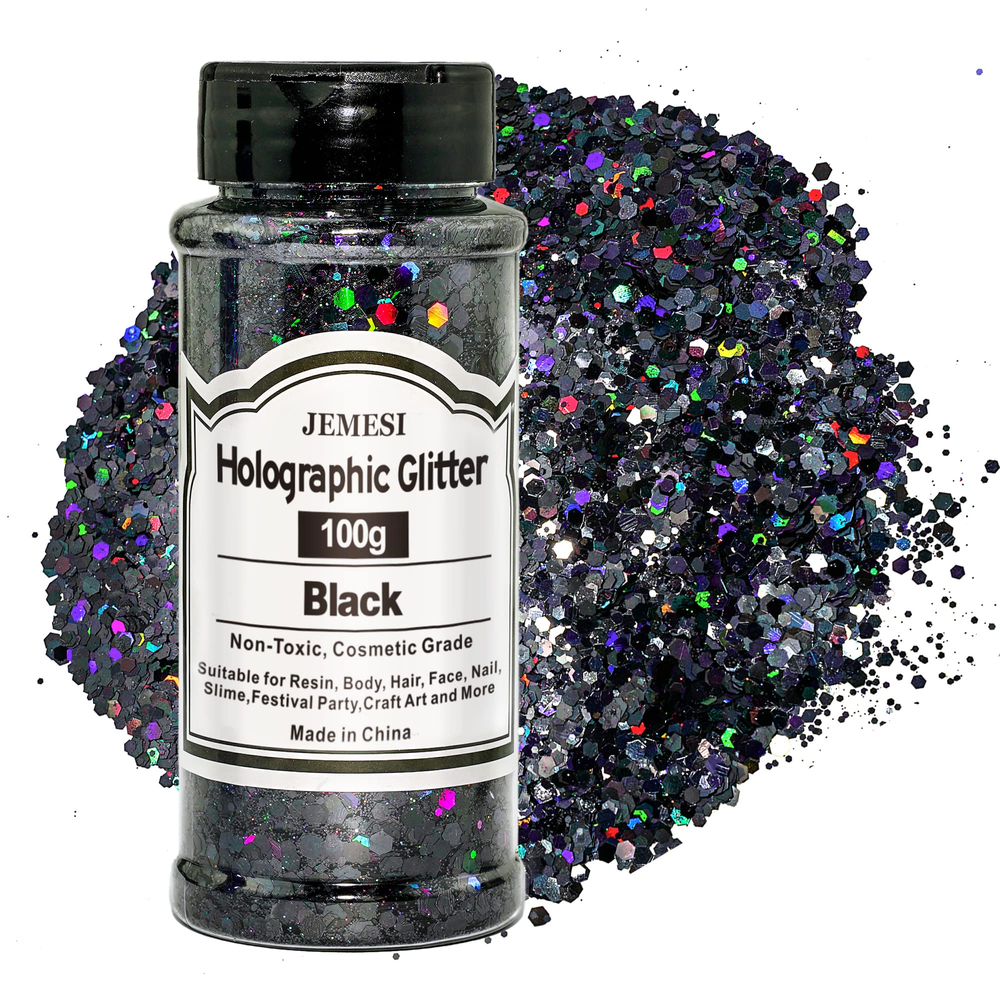 WOOGLITTER Black Holographic Chunky Glitter, 7.05 Oz (200g), Craft Glitter  for Resin Crafts Nails Tumblers Slime Cosmetic and Festival Decoration 