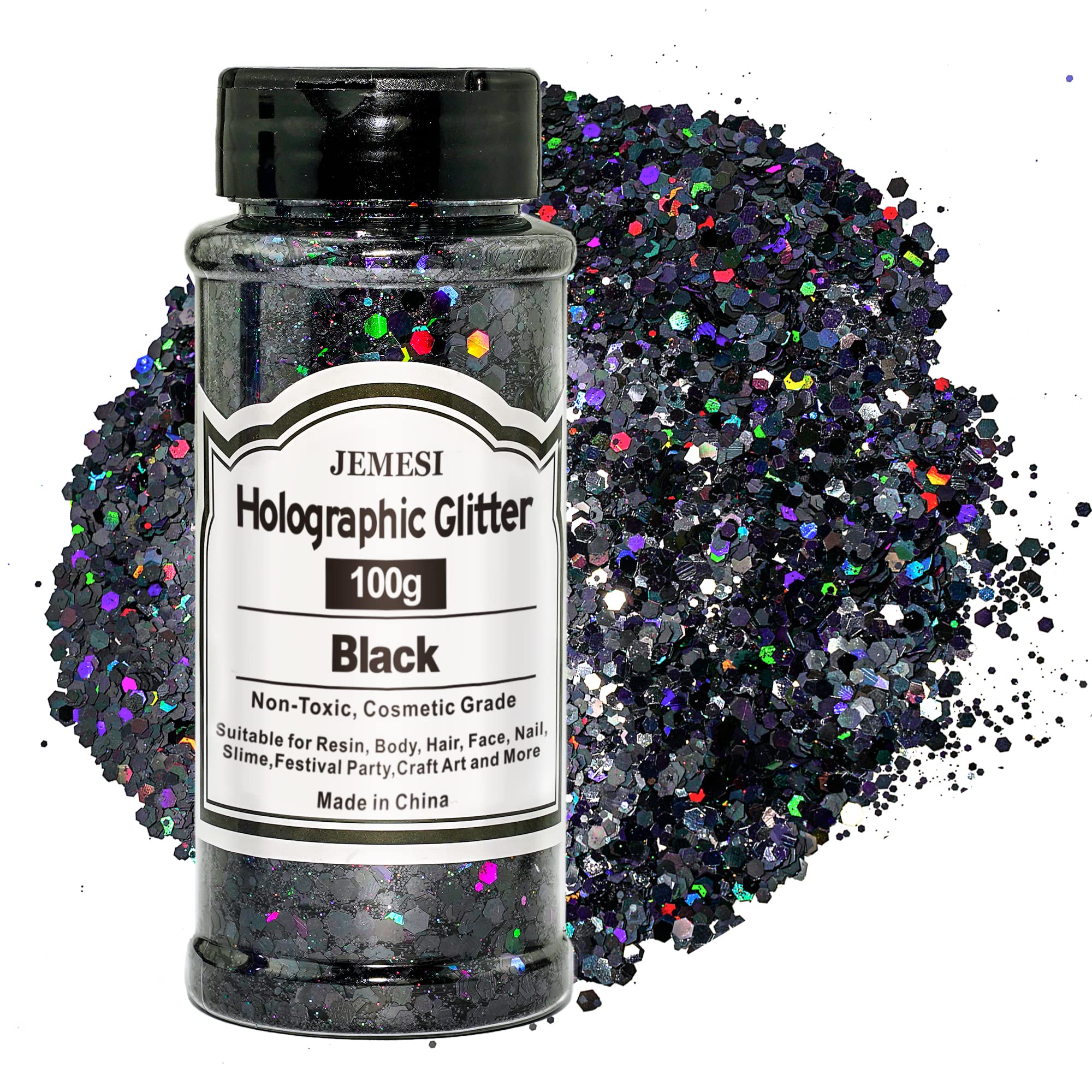 Holographic Chunky Glitter, 100g Black Cosmetic Craft Glitter for