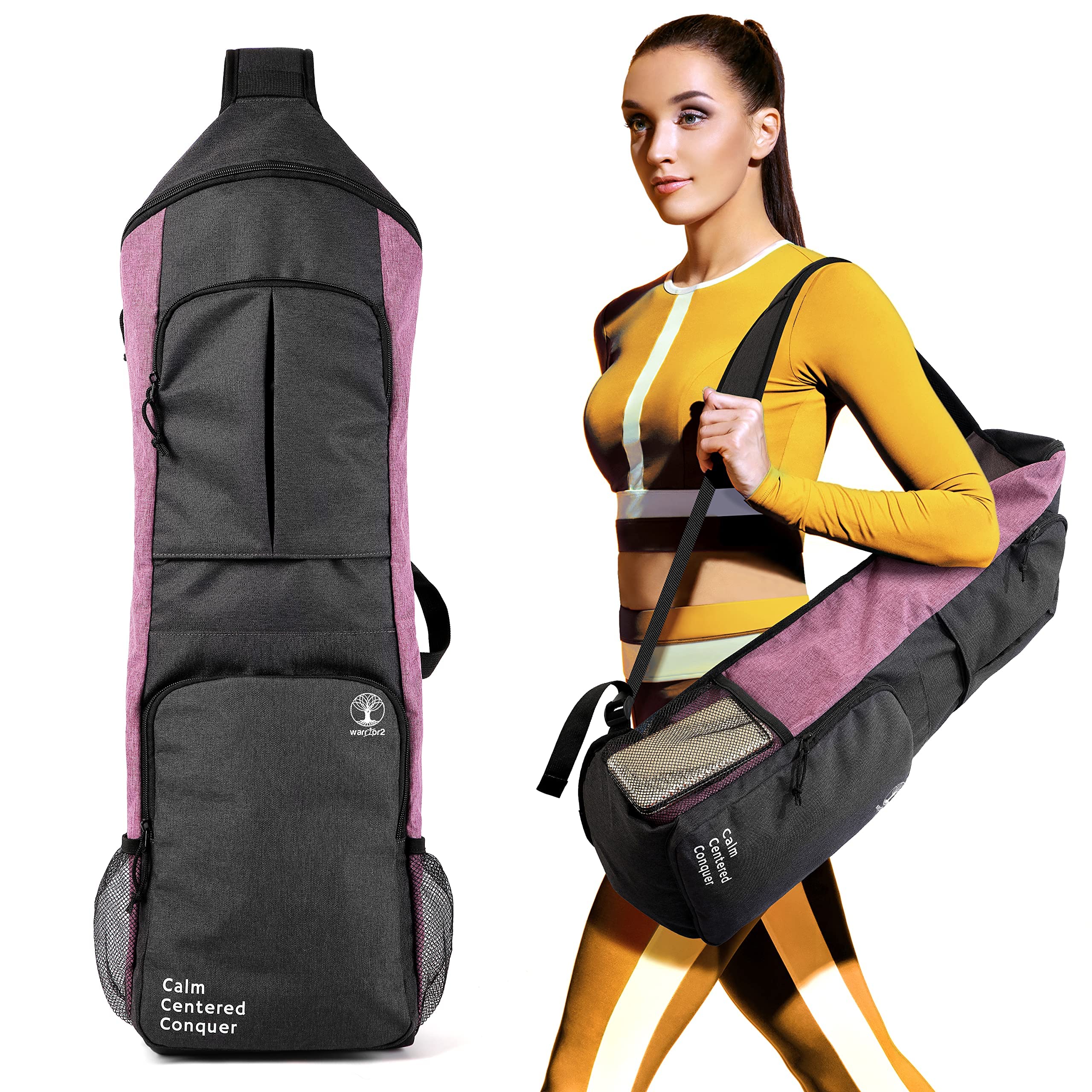 WARRIOR2 Yoga Mat Holder Carrier, Yoga Backpack Fits 1/2 Inch Thick Mat, Large Pockets & Holders | Full Yoga Carrying Bag for Women Men Gym Sport Travel Bike YogaAccessories Purple