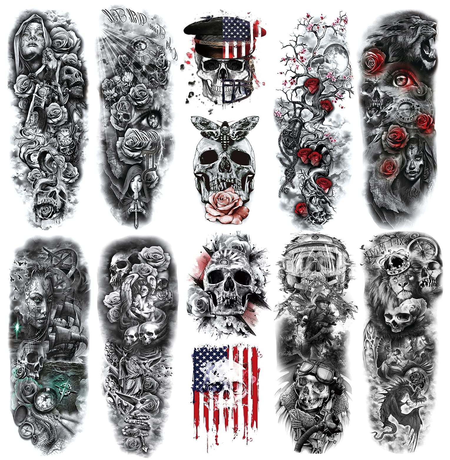 12 Sheets PADOUN Temporary Tattoo Sleeves for Women, 8-Sheet Skull Full ...