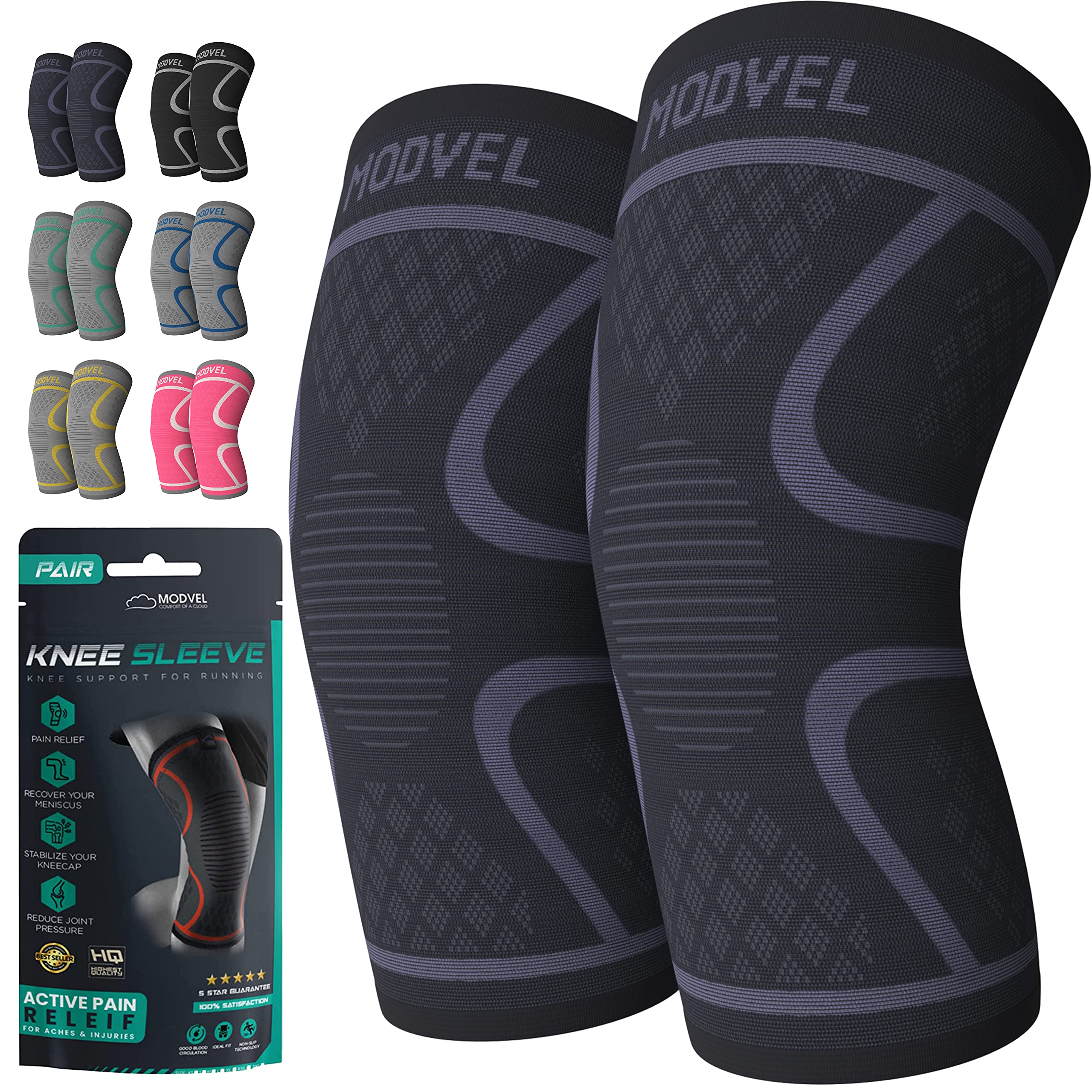 Modvel 2 Pack Knee Brace Compression Sleeve for Men & Women, Knee Support  for Running