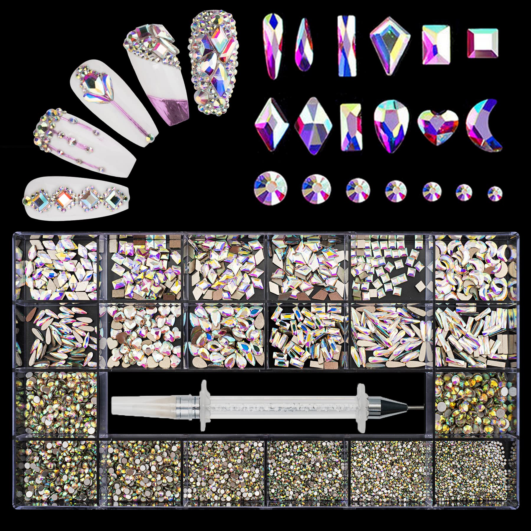 6410Pcs AB Crystal Nail Rhinestones Set Nail Art Rhinestones Round Beads  Flatback Glass Gems Stones Multi Shapes Rhinestones Nail Art Crystals for  Nails Shoes Clothes Jewels 600 AB diamonds + 5810 flat rhinestones