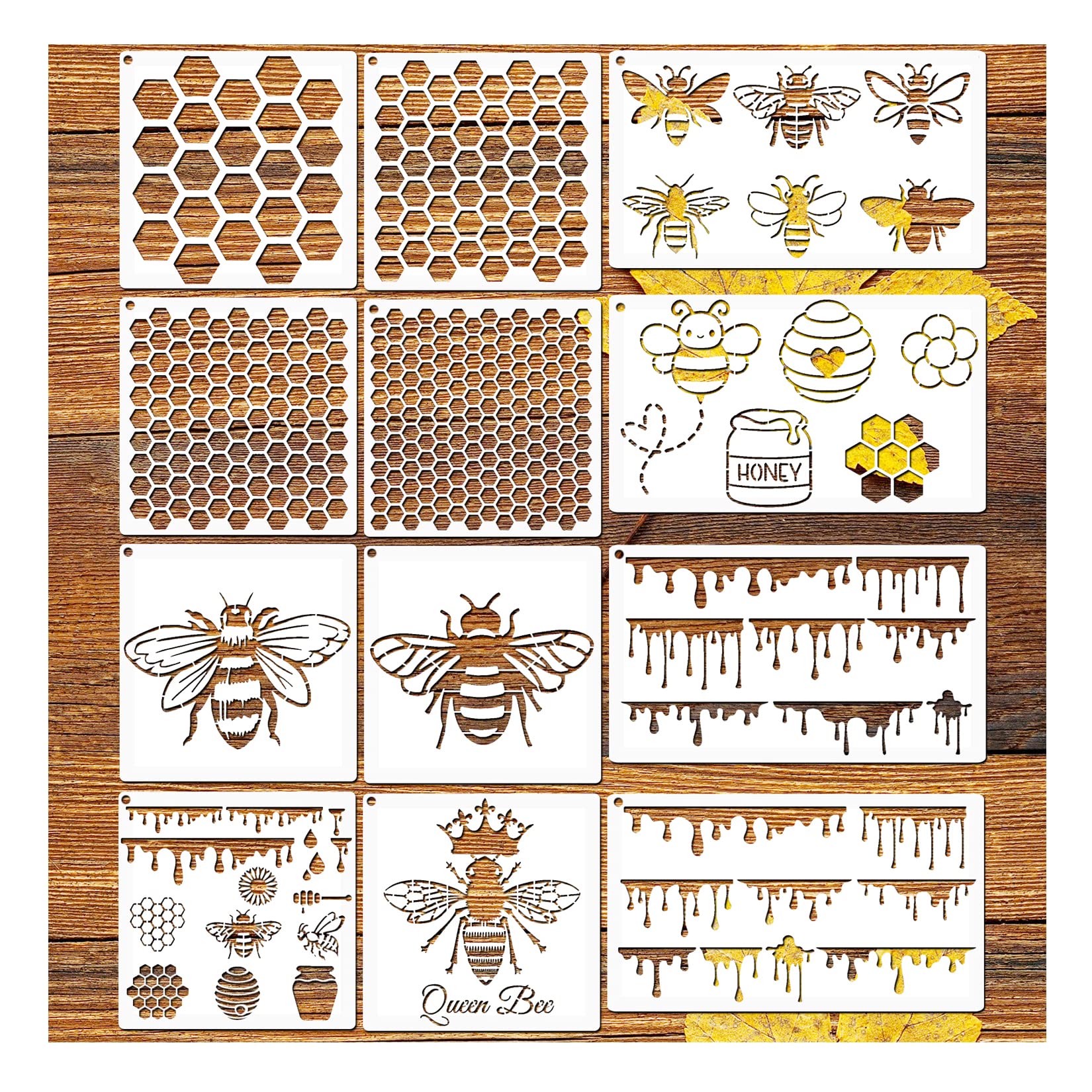 12 Pieces Bee Honeycomb Stencil, Reusable Bee Stencils for Painting on Wood  Signs Furniture DIY Crafts Wall Canvas Fabric Plastic Drawing Template  Hexagon Paint Wood Burning Stencils (bee)