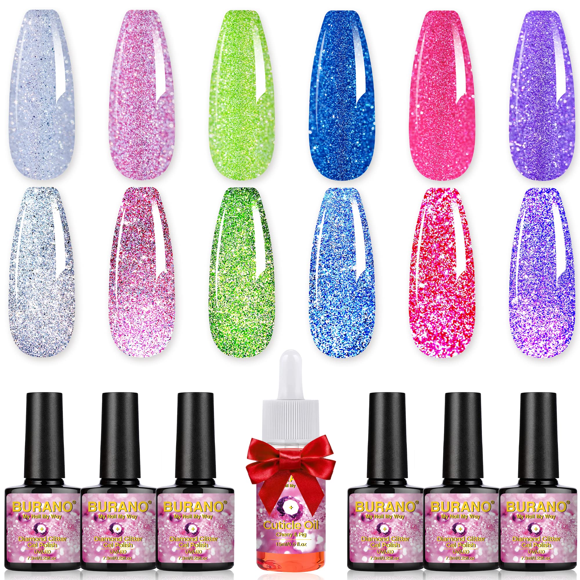 BURANO Reflective Glitter Gel Polish, Rose Blue Purple Silver