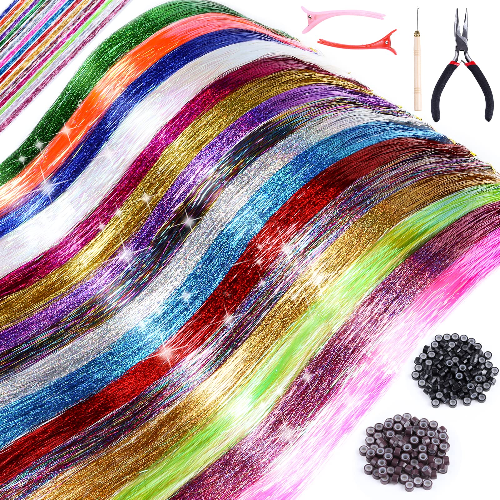 Hair Tinsel Kit with Tools Colorful Hair Tinsel Heat Resistant Tinsel Hair Extensions, Human Hair Extensions Sparkling Shiny Glitter Fairy Hair