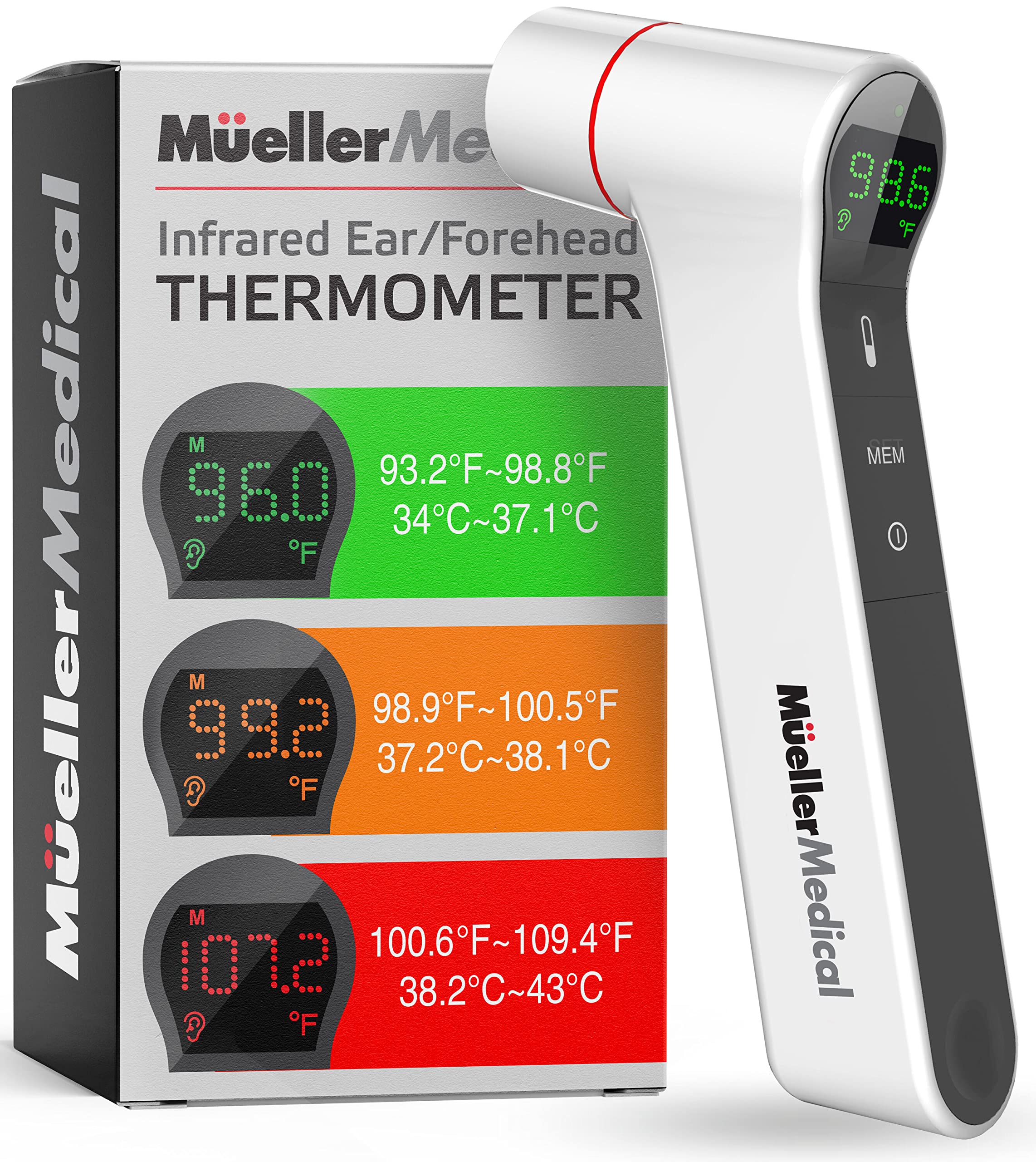 Mueller Ear Forehead Thermometer for Adults and Kids for Fever with Ear  Temperature Probe and LCD Display, Non-Contact Body and Surface Thermometer,  Auto Shut-Off, Gray White&Grey
