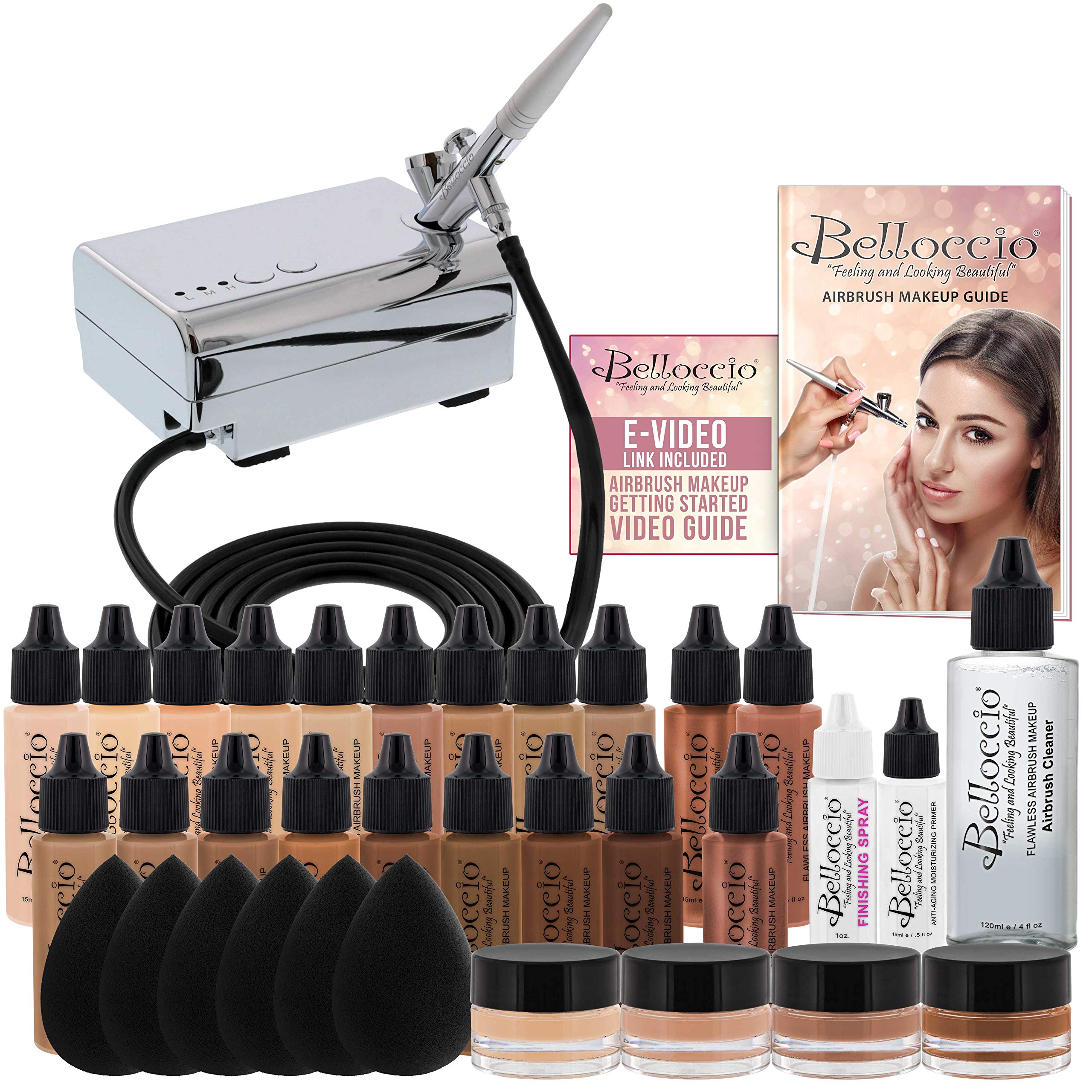 Belloccio Airbrush Cosmetic Makeup System with a MASTER SET of All 17  Foundation Shades plus Blush, Shimmer and Bronzer All in 1/2 oz bottles  Deluxe 1/2-Oz Set All 17 Shades