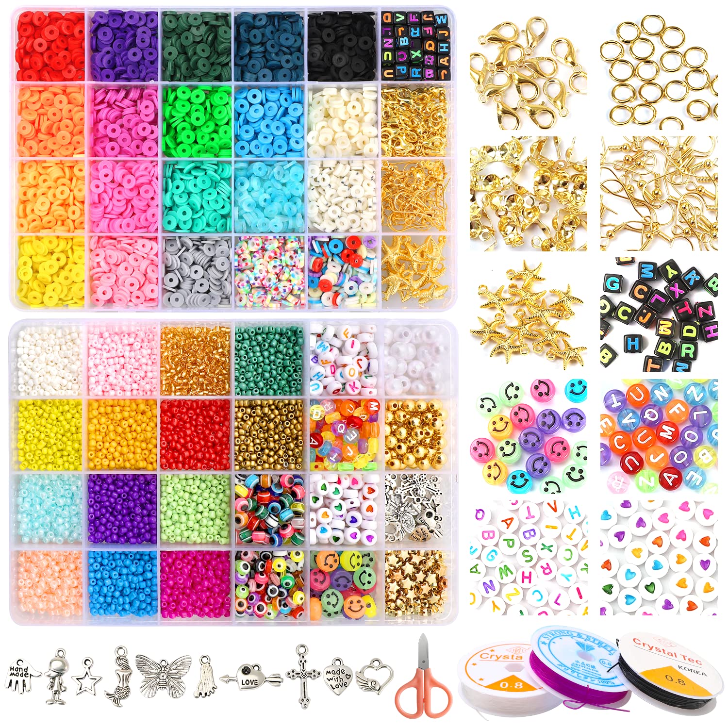8378pcs 3mm Glass Seed Beads Flat Clay Beads for Jewelry Making, Assorted  Colors Bracelet Beads with Letter Alphabet Bead Smile Face Evil Eye Gold  Round Spacer Star Kids Beads Charms Kit for