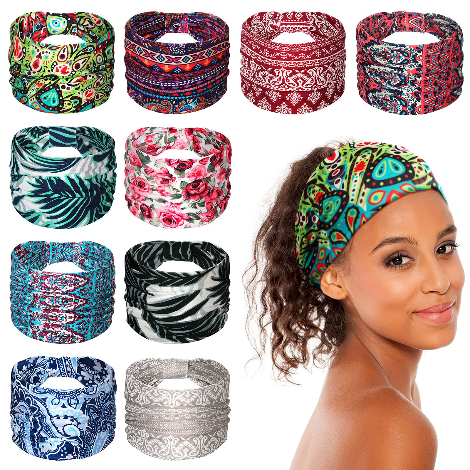SATINIOR 6 Pieces African Headband Boho Print Headband Yoga Sports Workout  Hairband Elastic Twisted Knot Turban Headwrap for Women Girls Hair  Accessories (Leaf and Floral Prints) 