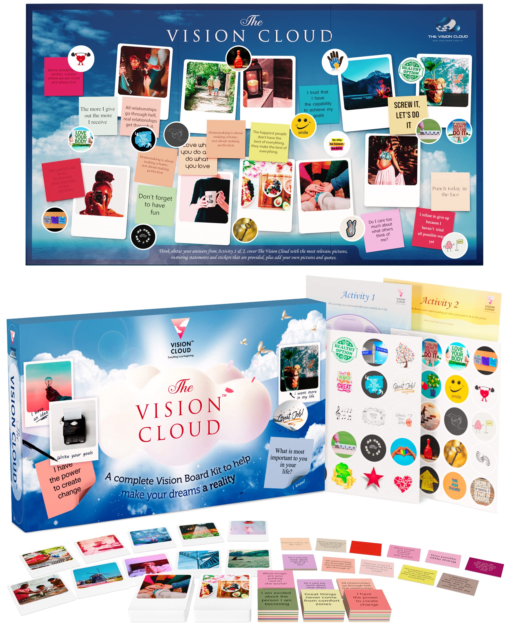 The Vision Cloud Vision Board Kit for Women Manifestation Supplies - 1 Dream  Board - 100 Pictures - 60 Affirmation Cards - 40 Stickers - Mounting Putty  - & Self-Adhesive Strips Adult Mood Board