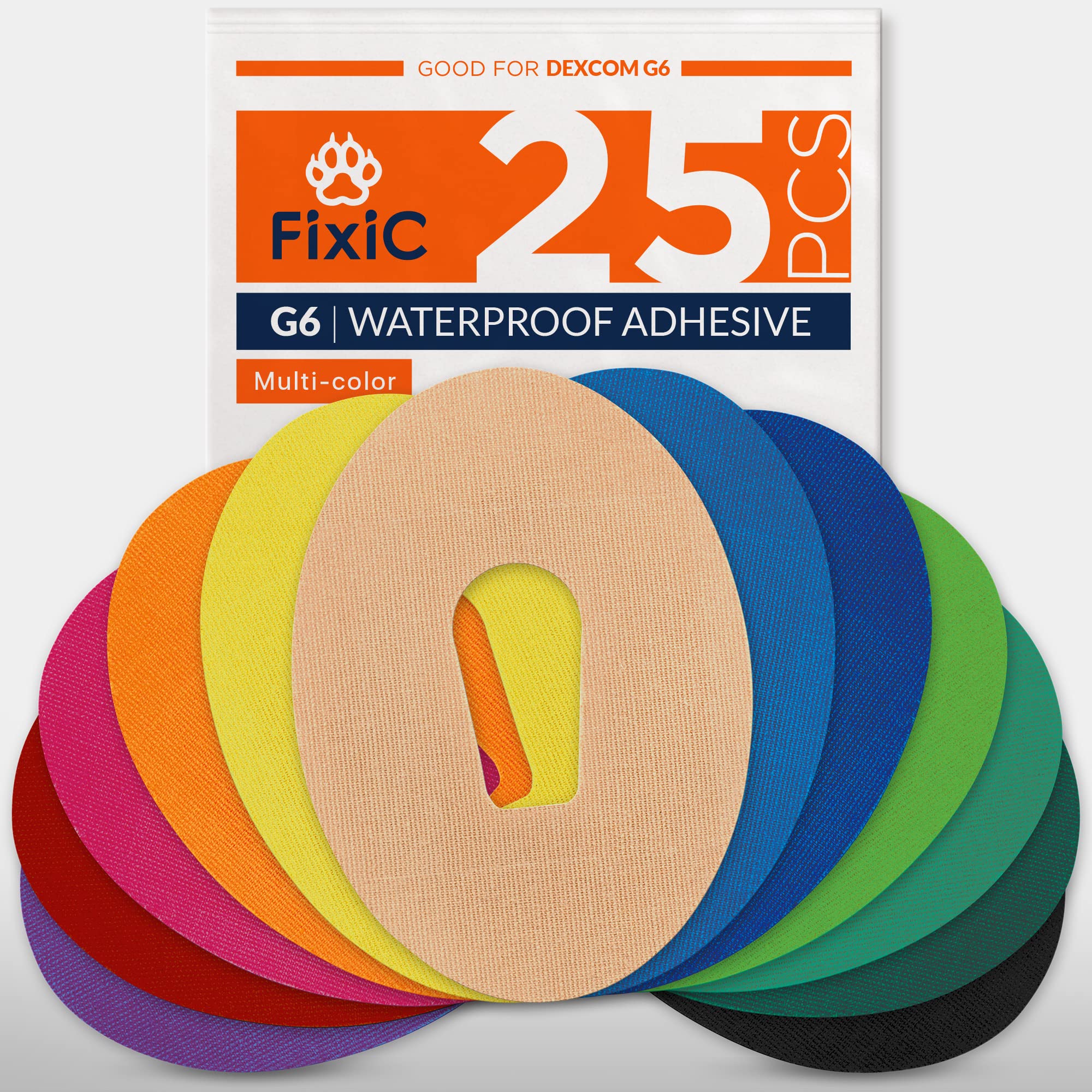 FixiC Adhesive Patches for G6 25 Pack Premium Waterproof Adhesive Patches  Pre-Cut Back Paper Adhesive Patch for G6 Long Fixation! (Multi-Color)