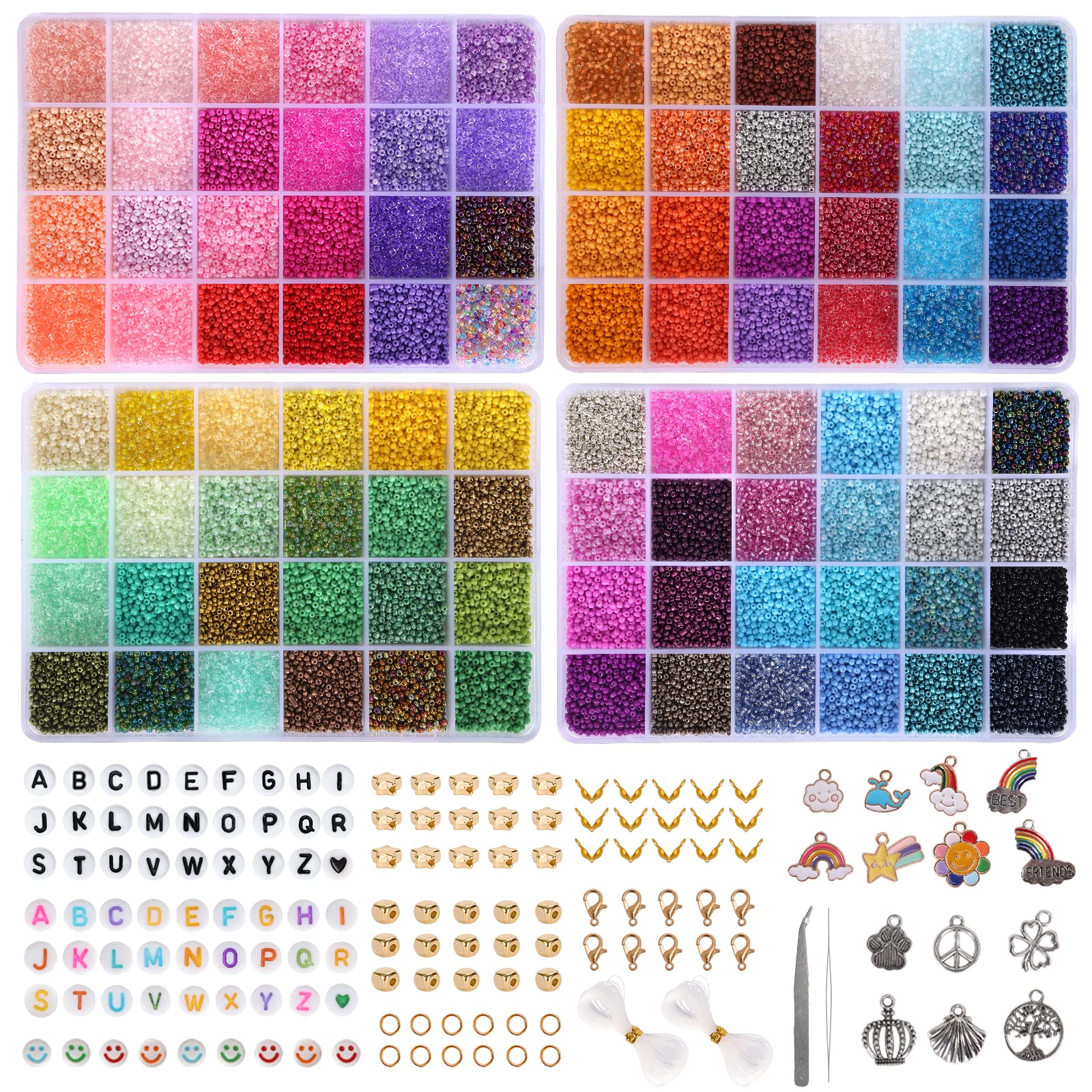 QUEFE 48000pcs 2mm Glass Seed Beads for Jewelry Making Kit 96 Colors Small Bracelet  Beads with Pendant Charms Kit and Letter Beads for Bracelets Necklace Ring  Making DIY Art and Craft