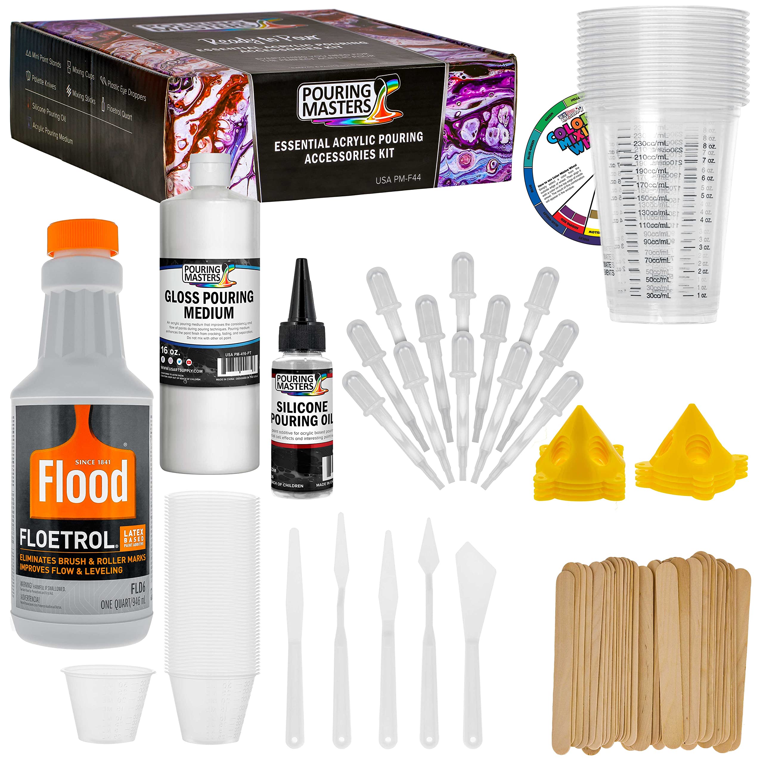 US Art Supply - 1 Quart Floetrol Additive Pouring Supply Paint Medium  Deluxe Kit for Mixing, Epoxy, Resin - Silicone Oil,1 and 10 Ounce Plastic  Cups