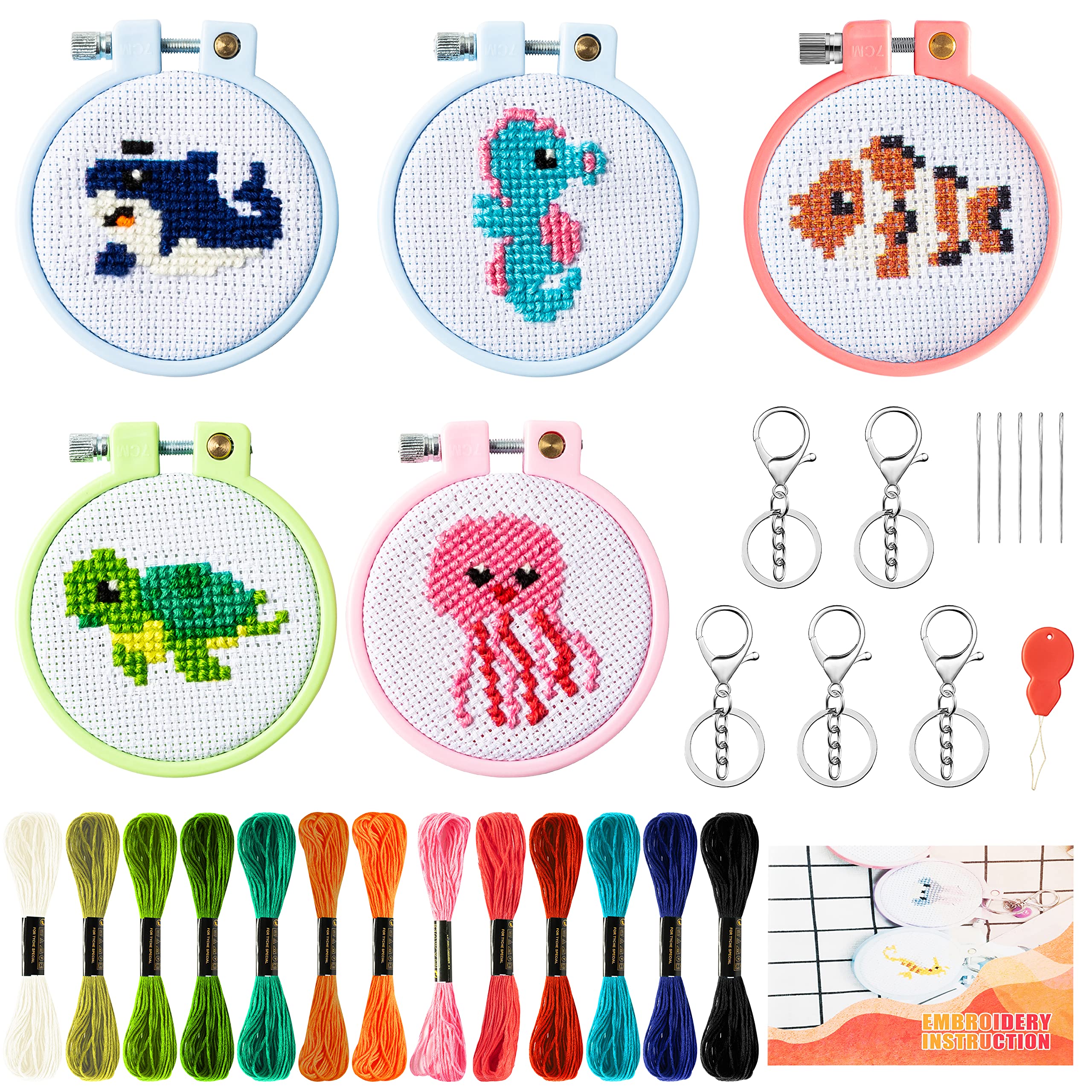 WATINC 5Pcs Embroidery Kit for Kids Stamped Cross Stitch DIY Key Chain with  Sea Animals Patterns