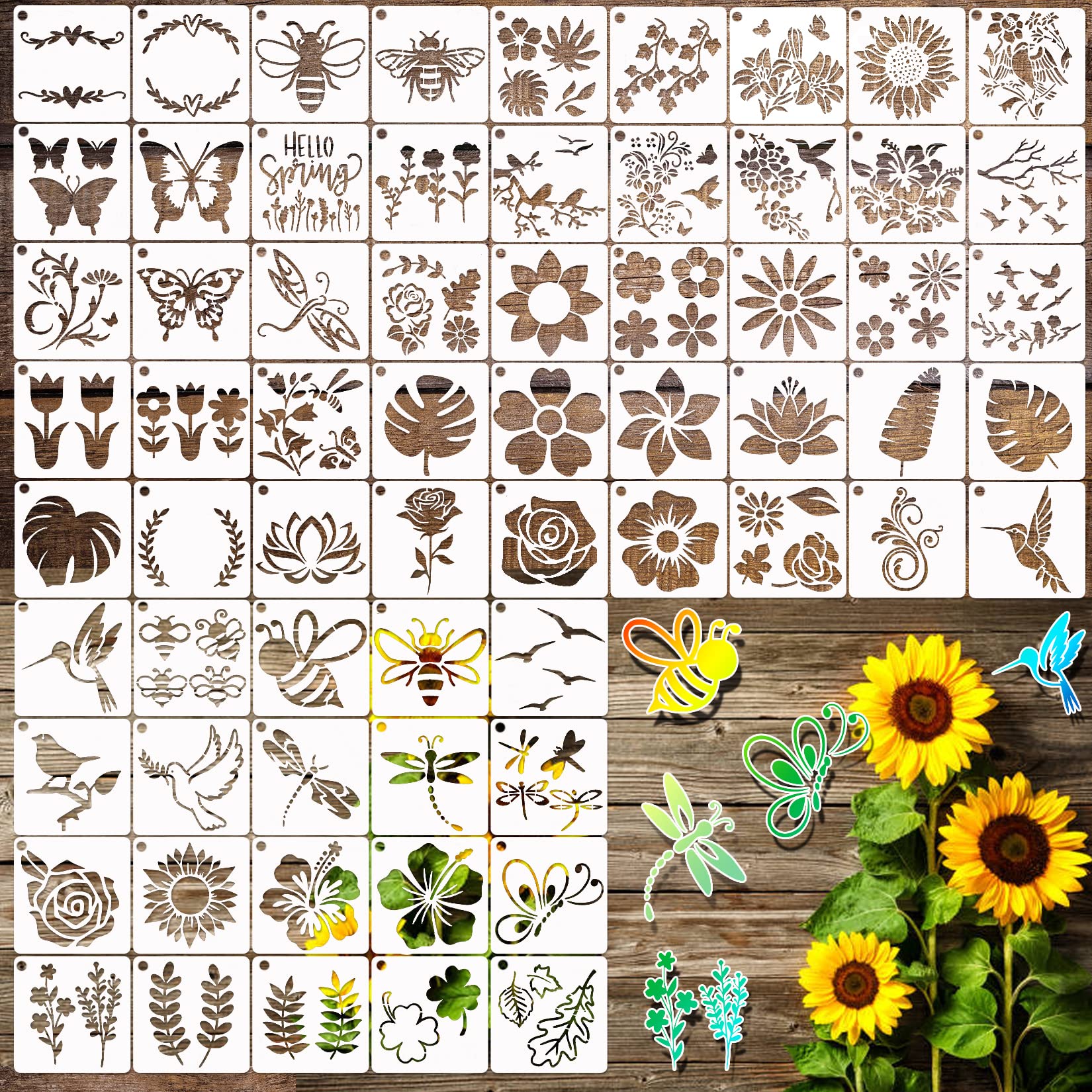 65 Pieces Animal Stencils for Painting, Small Reusable Deer Bear Dinosaur  Stencil Template Tree Bee Bird Mountain Fox DIY Craft Paint Stencils for  Painting on Wood Wall Card Rock Decor (Flower)