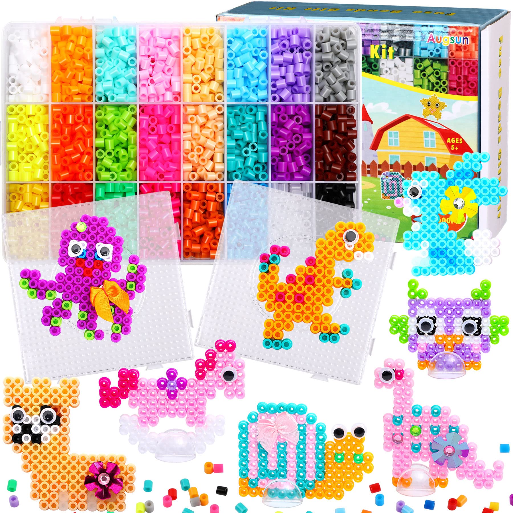 AUGSUN Fuse Beads Kit for Kids, 4600Pcs+ 24 Colors Crafting Melting Iron Beads  Set with 2 Pegboards, 15 Patterns, Ironing Paper & Wiggle Eyes Accessories  for Boys Girls Craft Making