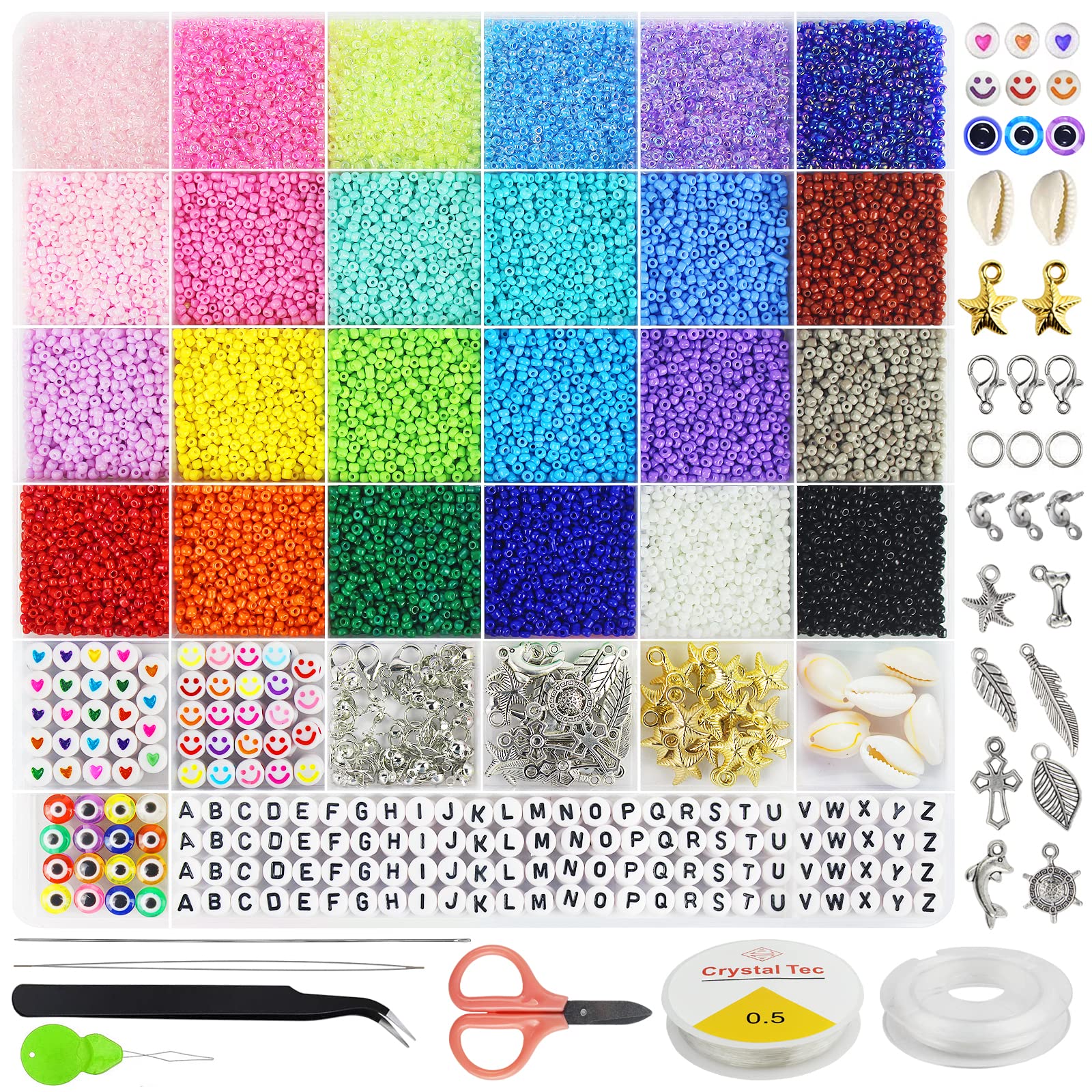Redtwo 17000pcs 2mm Glass Seed Beads for Jewelry Making Kit Small Beads  Friendship Bracelets Making Kits Tiny Waist Beads Kit with Letter Evil Eye  Beads and Elastic String DIY Art Craft Gifts