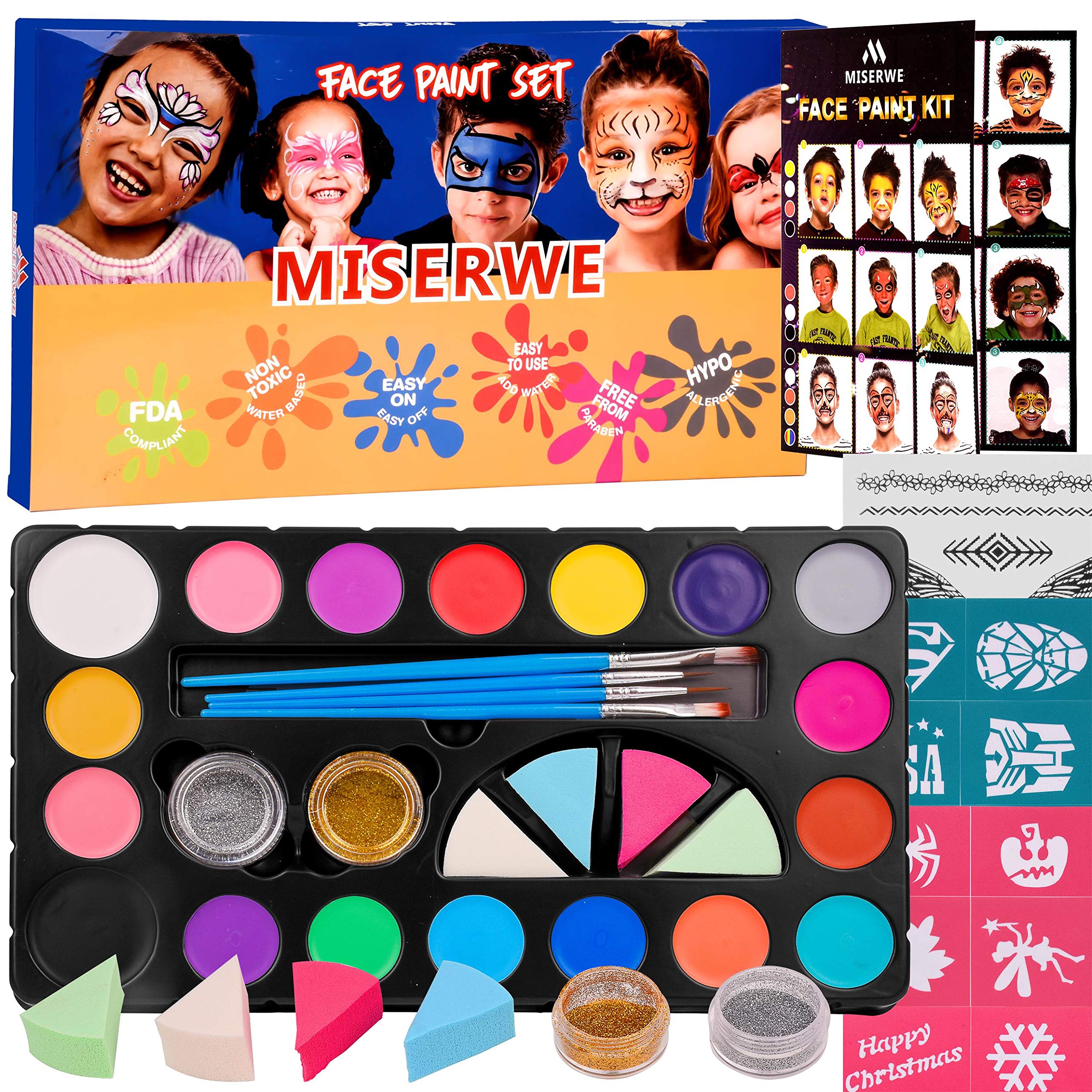 Miserwe Face Paint Kit-18 Colors,40 Stencils,1 Silver Sticker,2 Glitter  Powder,4 Brushes, 4 Sponge Kit Professional Safe Non-Toxic Washable Body & Face  Paint for Kids Adult