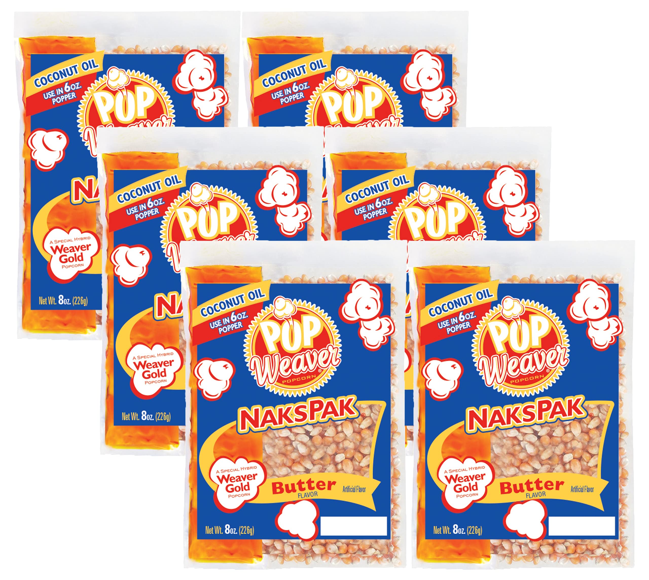 Pop Weaver Naks Pak - 8oz Butter Flavored Coconut Oil and Popcorn Packs -  For Use in 6oz