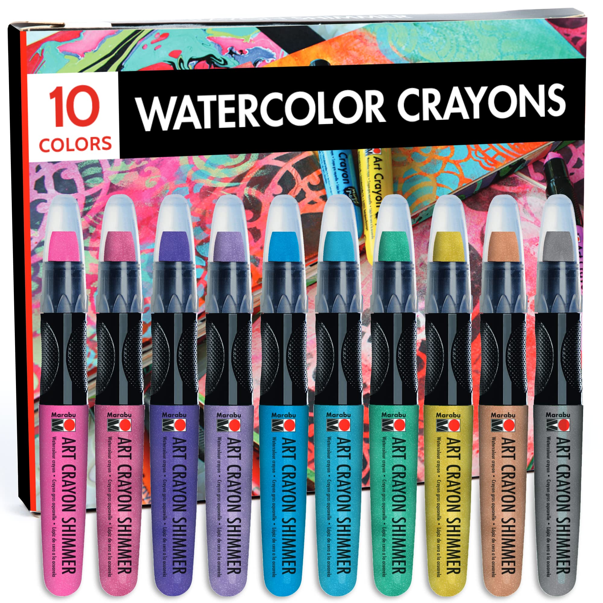 Marabu Art Crayons Shimmer Set - 10 Highly Pigmented Metallic Watercolor  Crayons - Smooth and Easy Blending Water Soluble Crayons for Mixed Media  Artists - Arts and Crafts for Adults