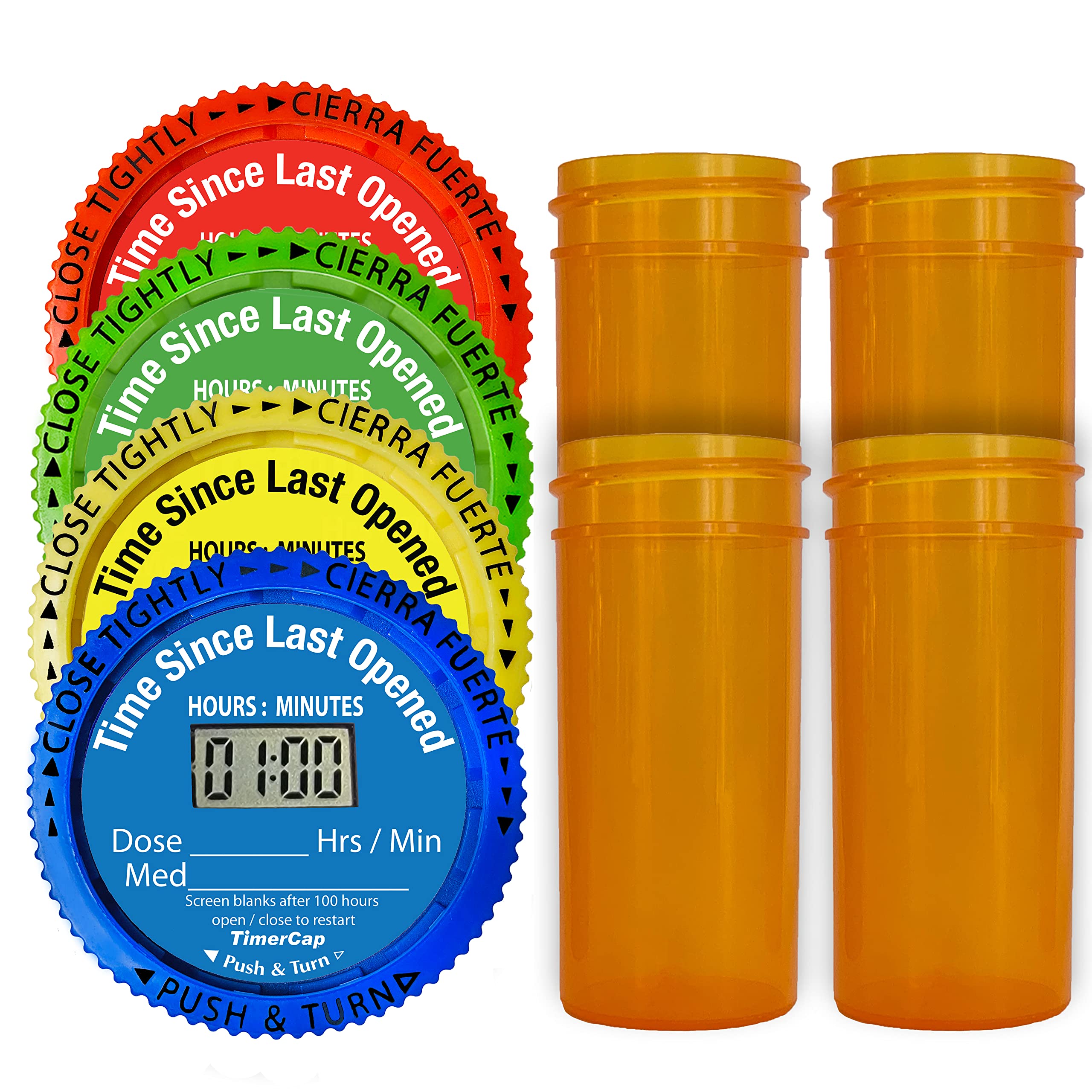 TimerCap Automatically Displays Time Since Last Opened - Built-in Stopwatch  Smart Pill Bottle Cap Medication Reminder Case ( Qty 4 - 1.8 oz Amber  Bottles) EZ -Twist CRC 4 Count (Pack of 1) Standard