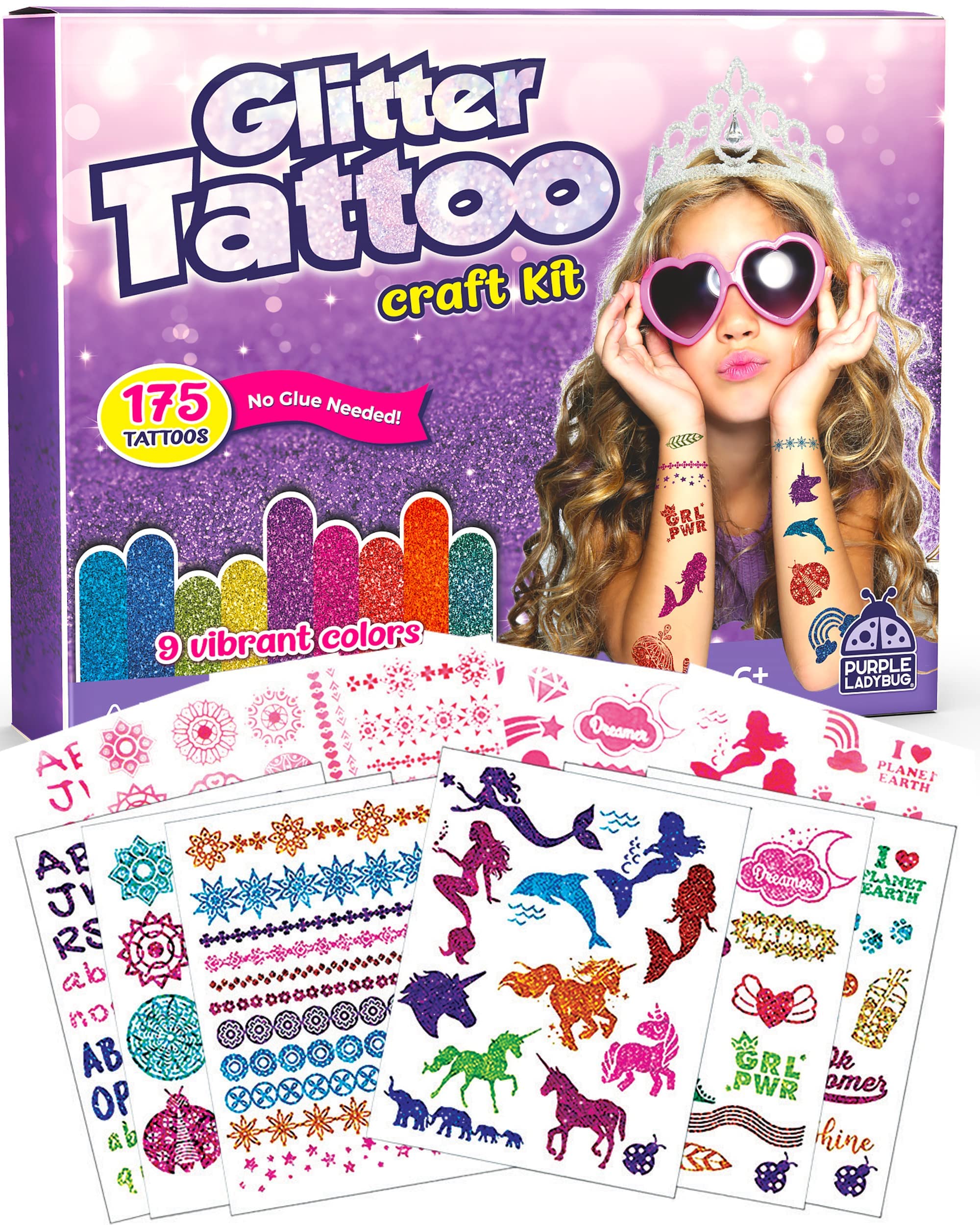 PURPLE LADYBUG 175 Designs Glitter Tattoo Kit for Kids - Cool Tattoos for  Kids Girl Gifts age 8-10 Years Old Tween Girls Gifts Idea - No Mess Face &  Body Glitter Tattoos Temporary for Girls