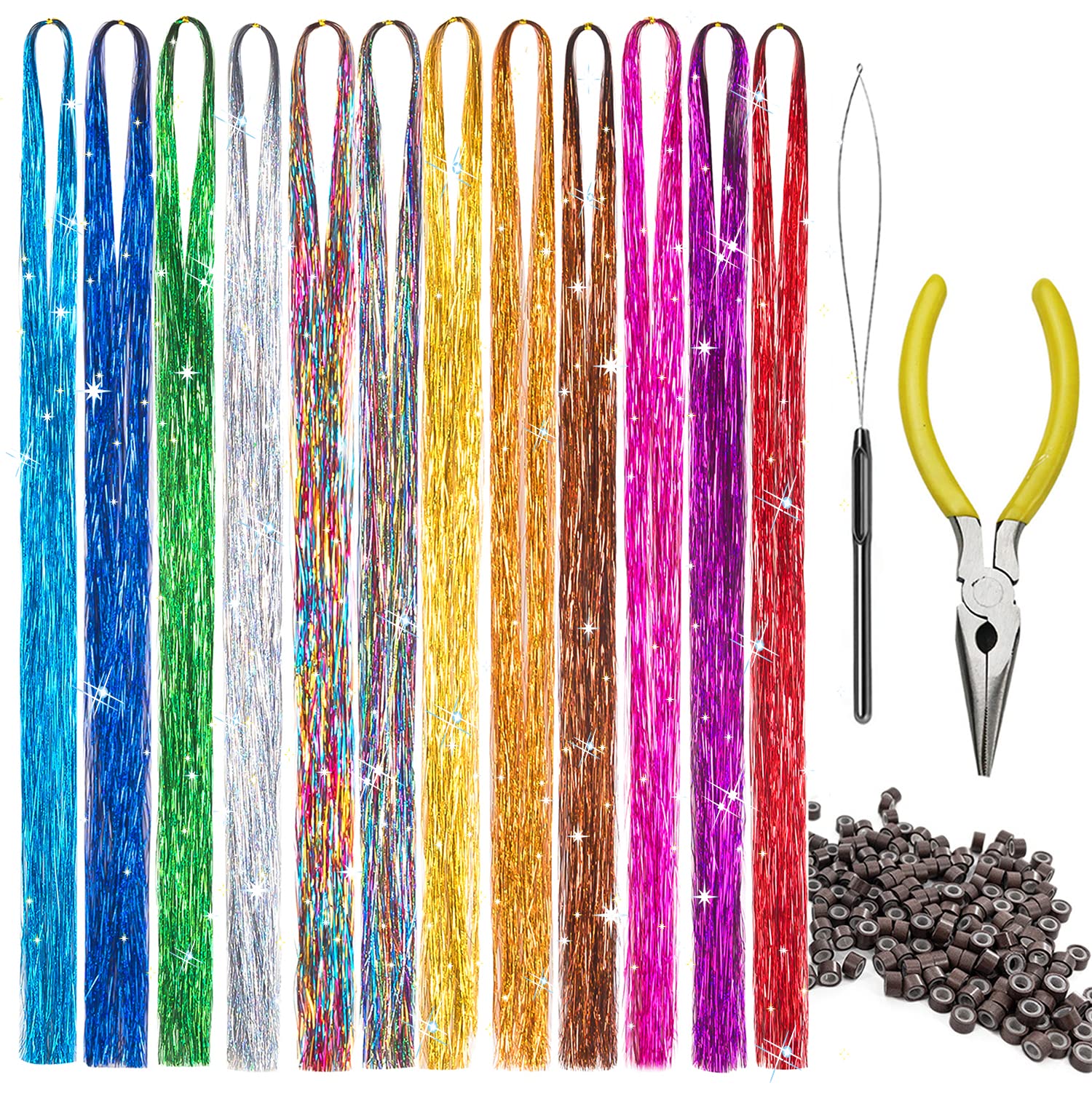 Nogis Hair Tinsel Kit with Tools, Hair Tinsel Heat Resistant Fairy Hair Tinsel Kit 1200Strands, 47inch Sparkling Glitter Tinsel Hair Extensions Hair