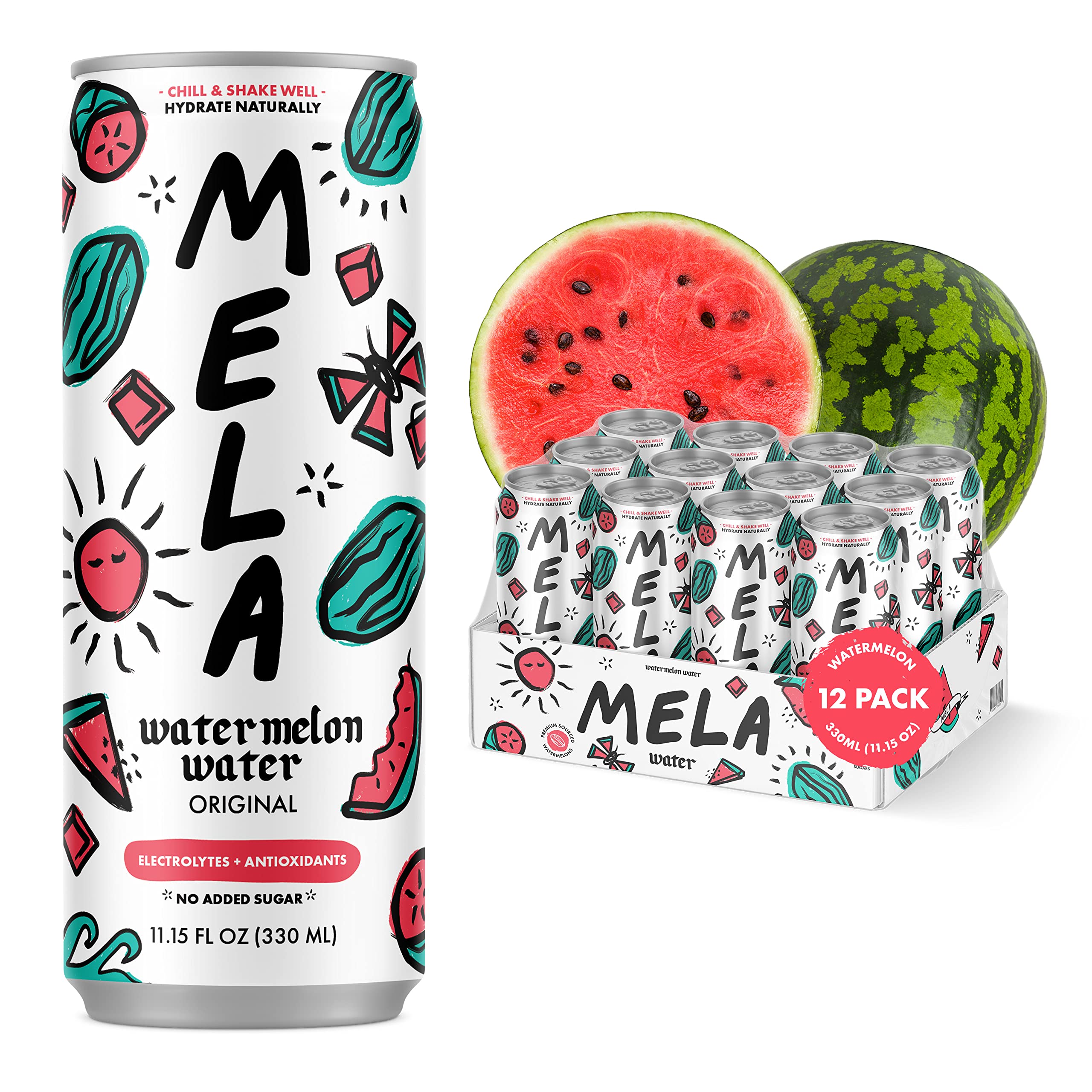 Mela Water Natural Watermelon Juice Drink, Electrolytes & Antioxidants,  Natural Hydration, Coconut Water Alternative, Vitamin C, No Added Sugar,  Natural, 11.15 fl oz (Pack of 12) 12 Pack