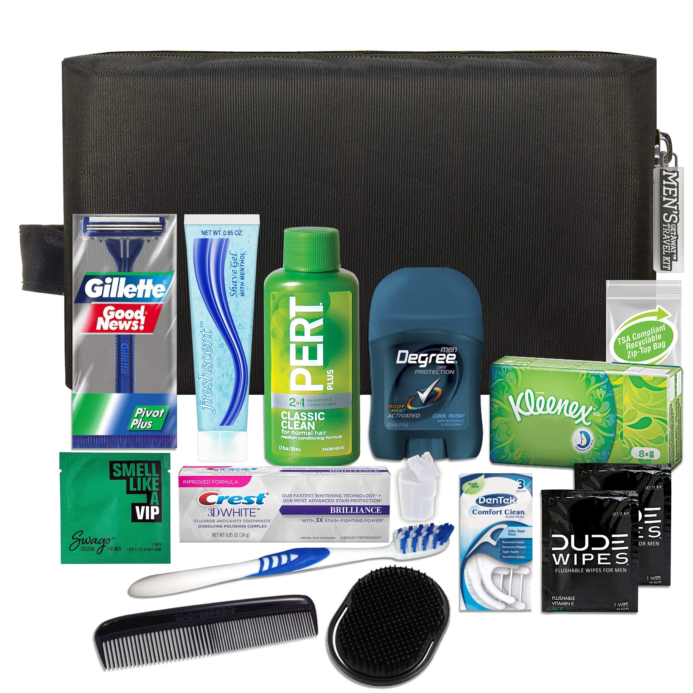 Convenience Kits International Mens Premium 15 Piece Assembled Travel Kit  Featuring: Gillette Disposable Razor and Crest Toothpaste 15-Piece