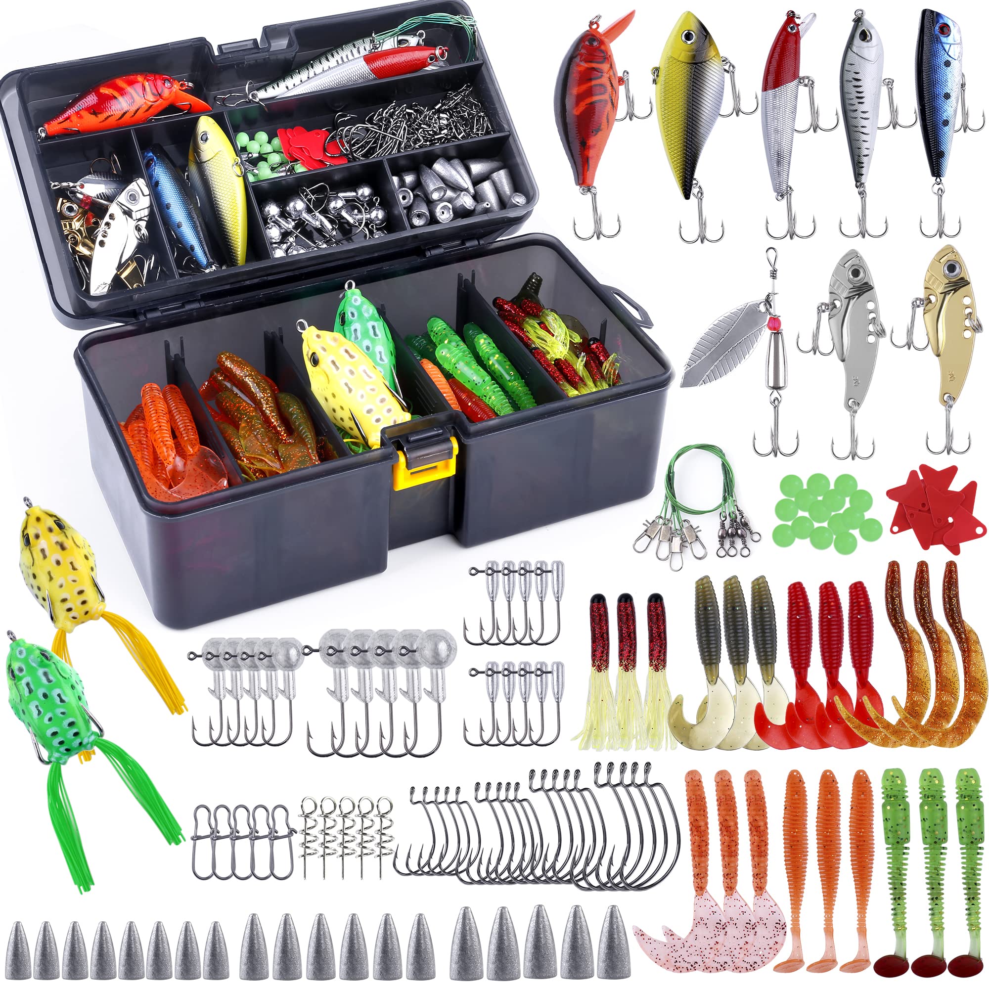 PLUSINNO Fishing Lures Baits Tackle Including Crankbaits, Spinnerbaits, Plastic  Worms, Jigs, Topwater Lures, Tackle Box and More Fishing Gear Lures Kit  Set, 210/189Pcs Fishing Lure Tackle 210PCS Fishing Lure